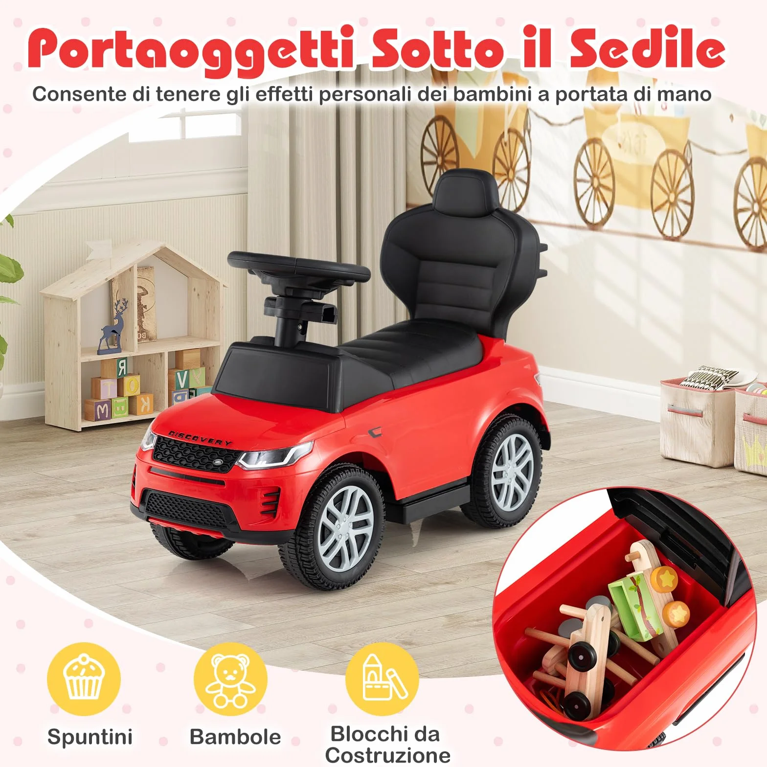 COSTWAY 3 in 1 Auto a Spinta, Macchinina a Pedale con Manico Removibile e Paracolpi, Clacson e Suono di Avvio, per Bambini 18-36 Mesi (Rosso)