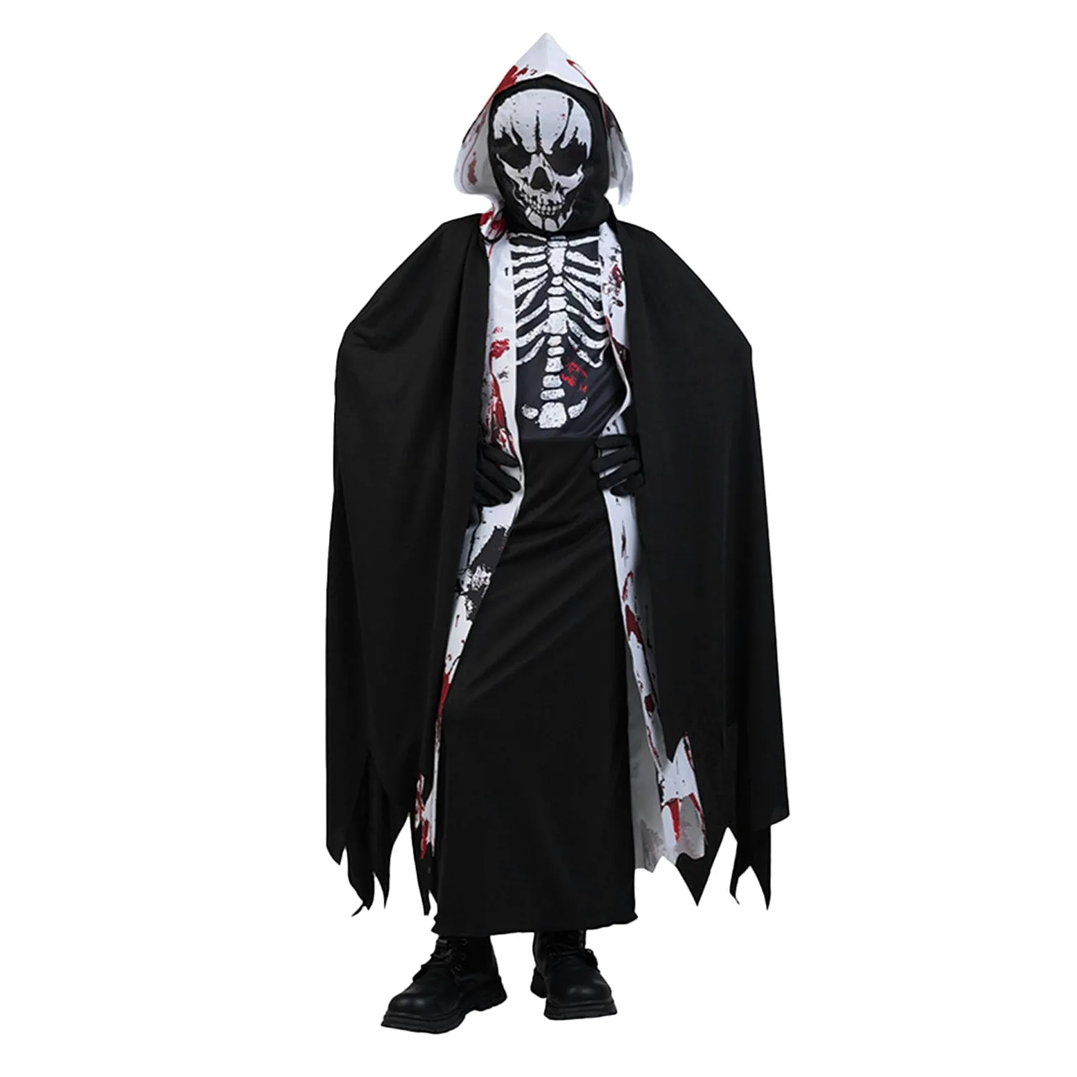 Costume di Halloween per bambini, costume da scheletro spaventoso, set di abbigliamento con vestaglia, mantello, maschera a teschio e guanti per Halloween, carnevale, cosplay e feste