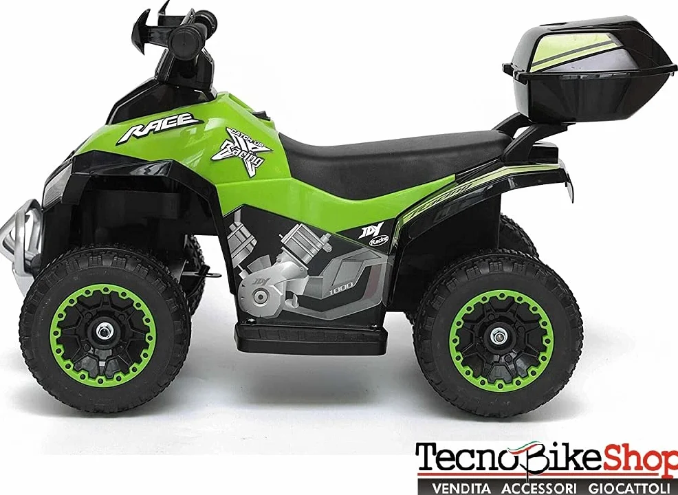 Tecnobike Shop Mini Quad Deluxe 6V luci Suoni Batteria Ricaricabile Marcia Avanti e Indietro Baluetto e Parabrezza (Verde)