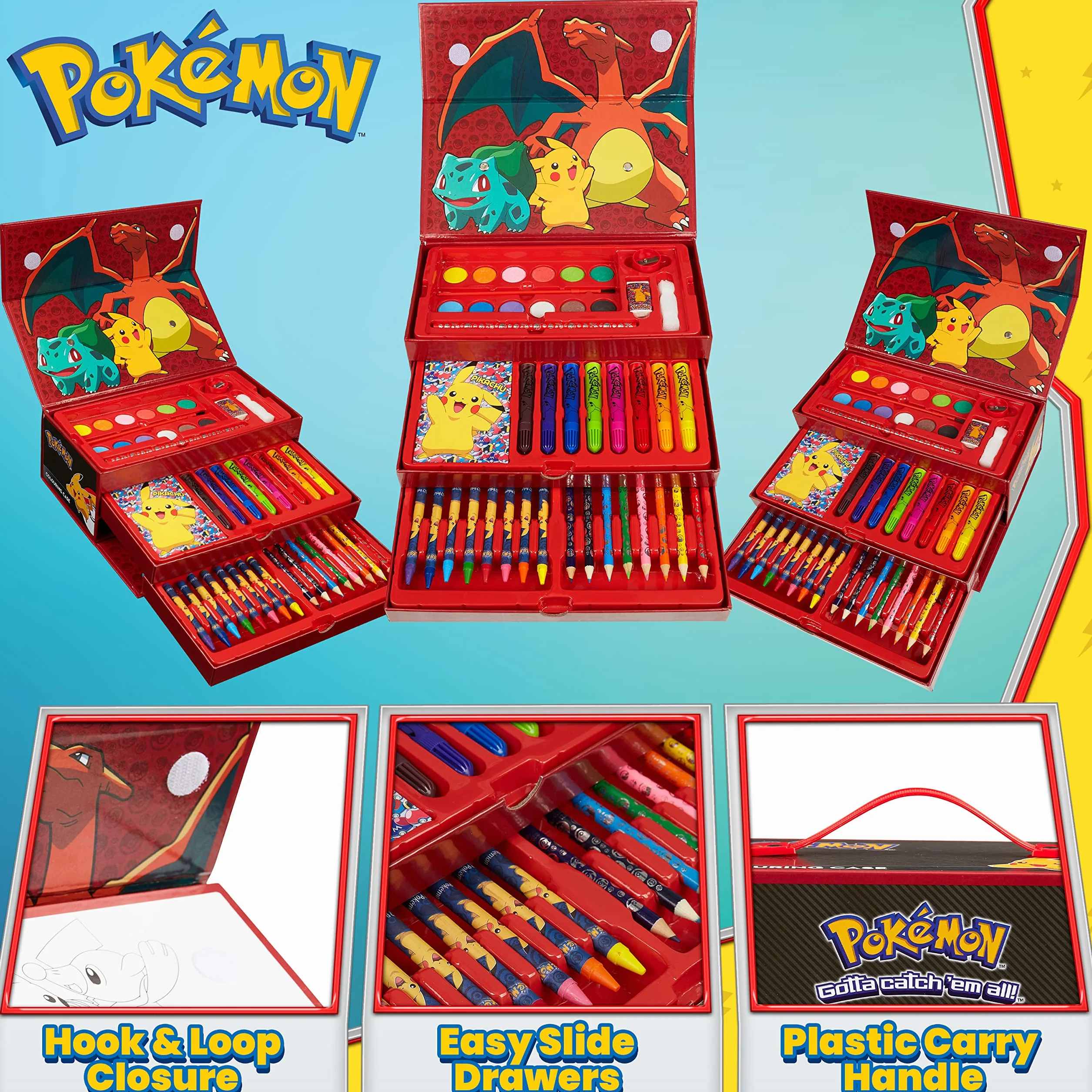 Pokemon Valigetta Colori per Bambini Accessori D'arte Matite Colorate Pastelli a Cera Pennarelli Acquerelli Pikachu Regalo Bambino Nero Rosso