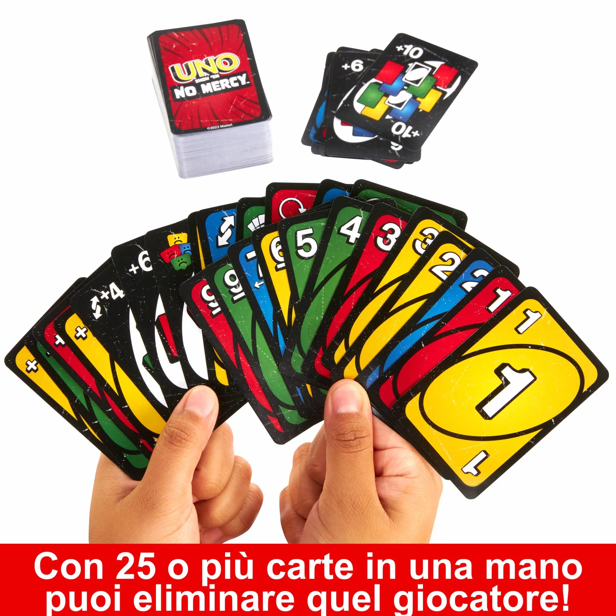 Mattel Games UNO No Mercy HWV18 56 carte regole speciali Pesca 6 Pesca 10 7+ anni