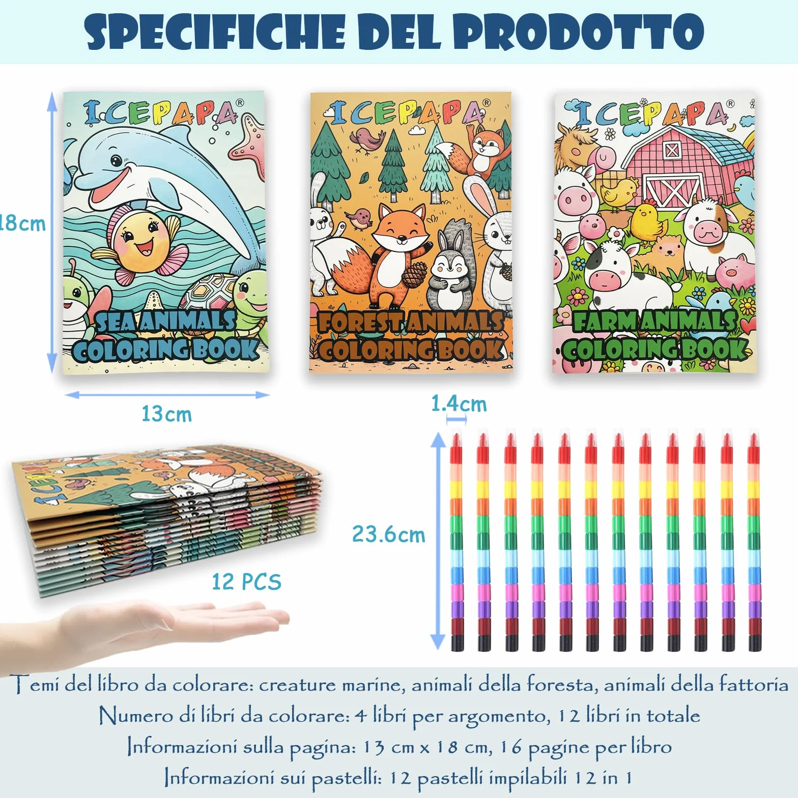 ICEPAPA, 12 Libri da Colorare e 12 Pastelli a Cera Impilabili (12 Colori in 1), Perfetti per Gadget Compleanno Bambini, Regalini e Fine Festa