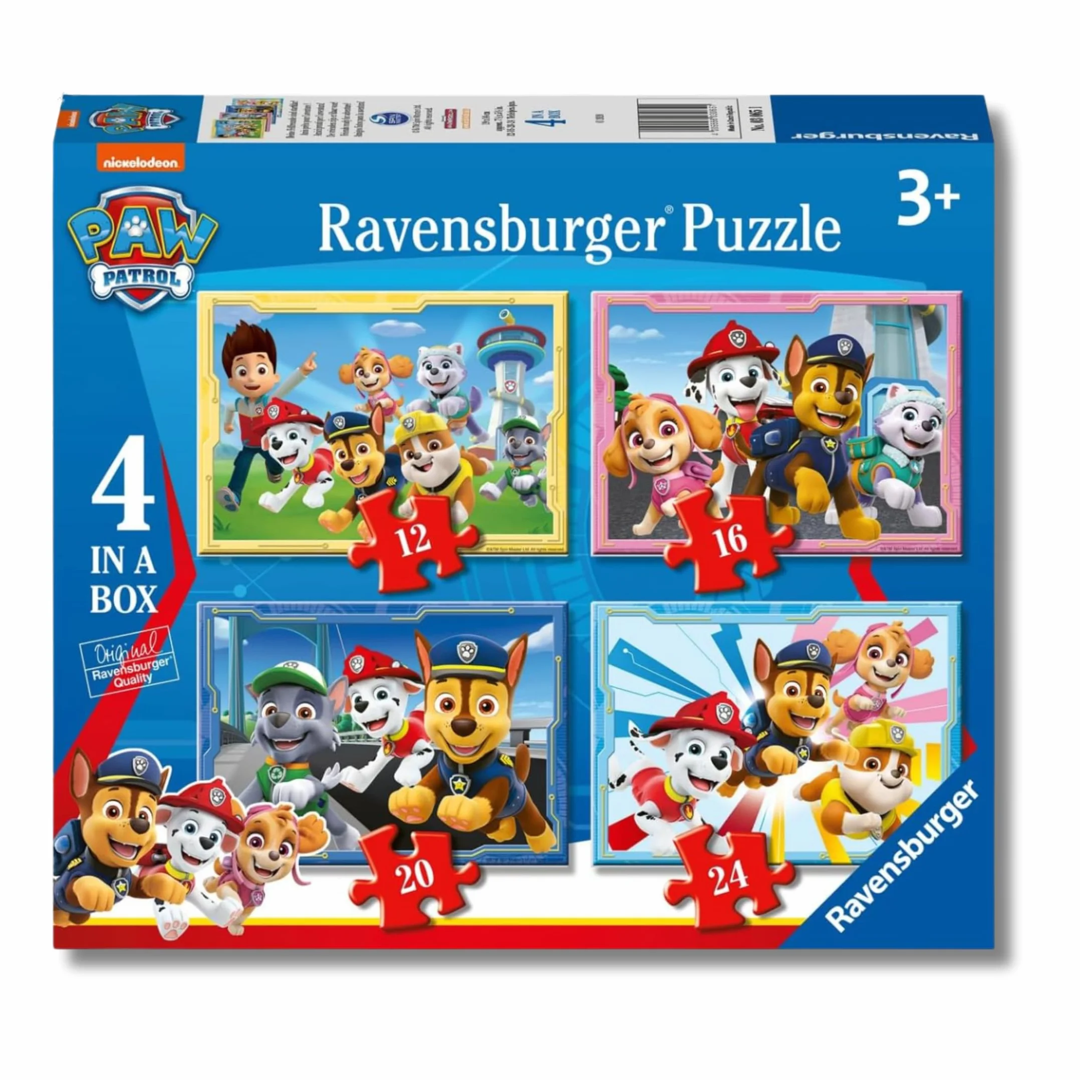 Ravensburger - Puzzle Bambini 3 Anni 4 in a box, Paw Patrol - Puzzle 3 Anni, Collezione Paw Patrol, Include 4 Puzzle 12-16-20-24 Pezzi Progressivi, Giochi Educativi, Idee Regalo