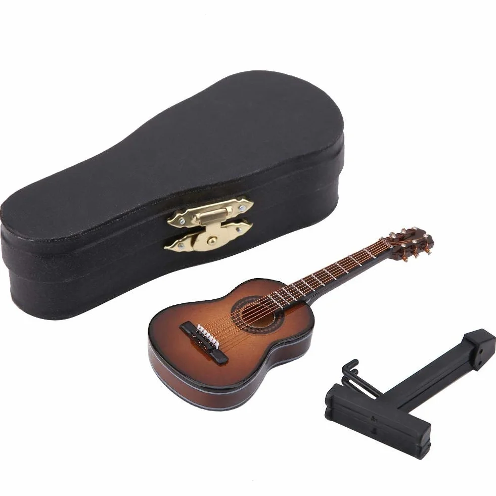 Chitarra decorativa in legno miniatura artigianale marrone 10cm