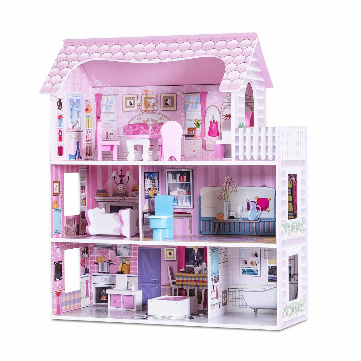 GIANTEX Casa delle Bambole in Legno, Set Giocattoli per Bambole, Casetta a 3 Piani con Mobili per Bambini, Giocattoli per Camera dei Bambini, Rosa 62x27x70cm