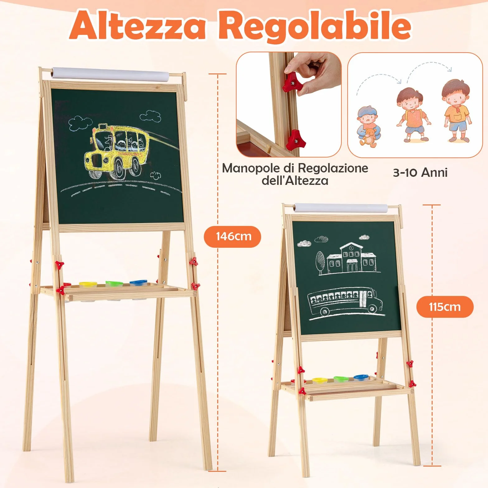 COSTWAY 3 in 1 Cavalletto per Bambini, Cavalletto Doppia Faccia Regolabile con Lavagna Magnetica e Bianca, Rotolo di Carta, 4 Bicchieri per Vernice e Vassoio per Stoccaggio, per Bambini 3-10 Anni