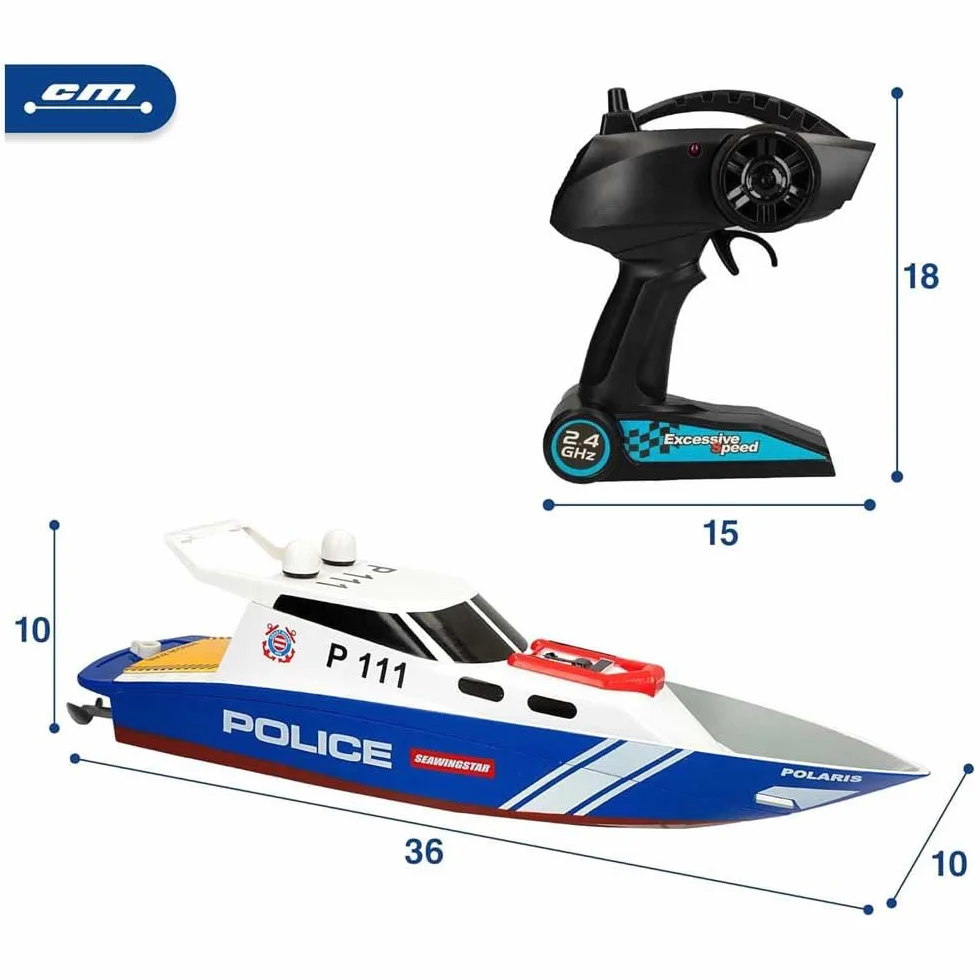 ColorBaby 47674 Racing Boat Barca radiocomandata polizia, 36x10x10 cm, Telecomando, 6 direzioni, 2.4 GHz, portata 35-40 m, barca RC, giocattoli radiocontrollati, giocattoli per bambini, +4 anni