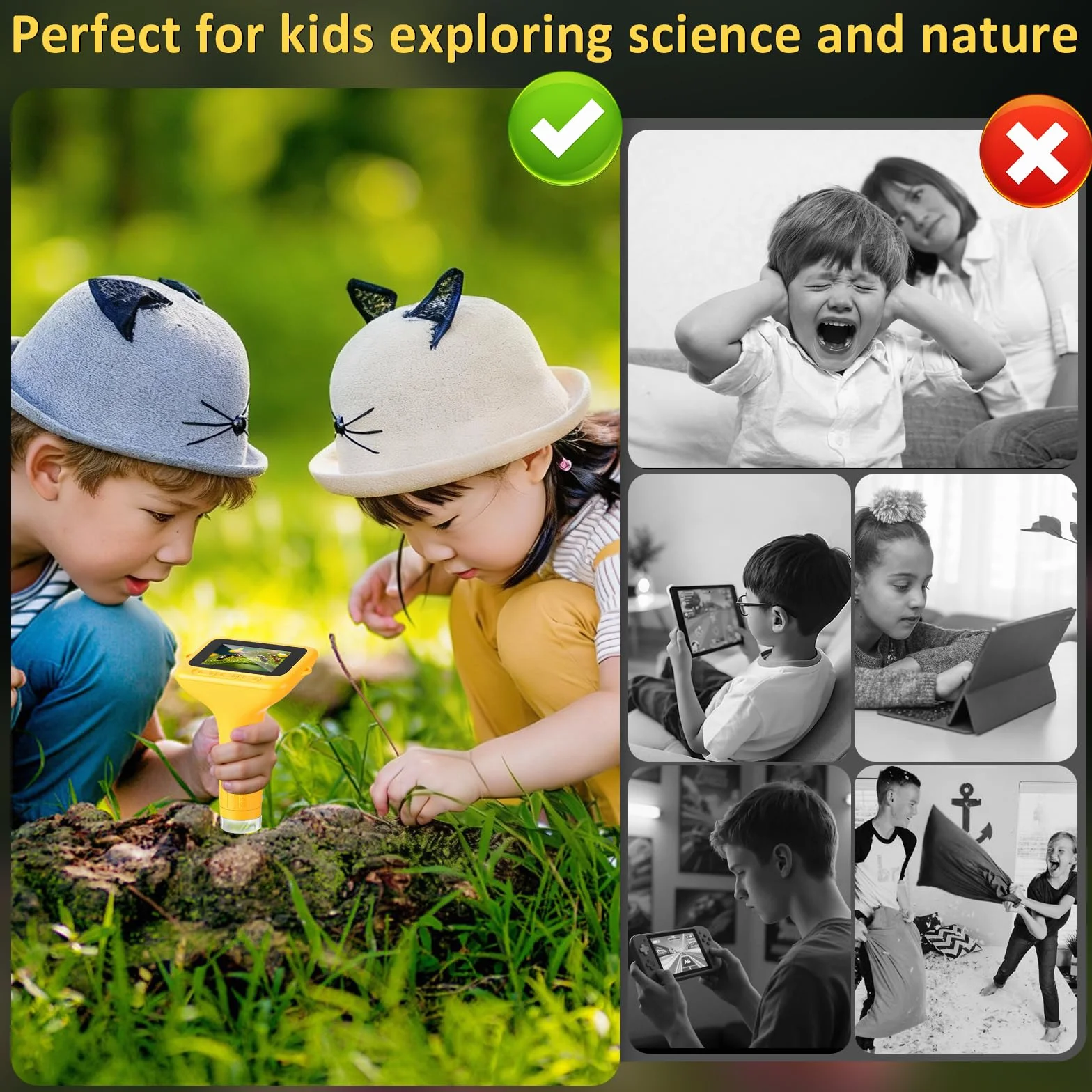 Microscopio per bambini: microscopio digitale con schermo IPS da 3", ingrandimento 1000x, microscopio portatile 1080P con 8 LED e 32 MB di memoria, microscopio tascabile USB per PC/Mac