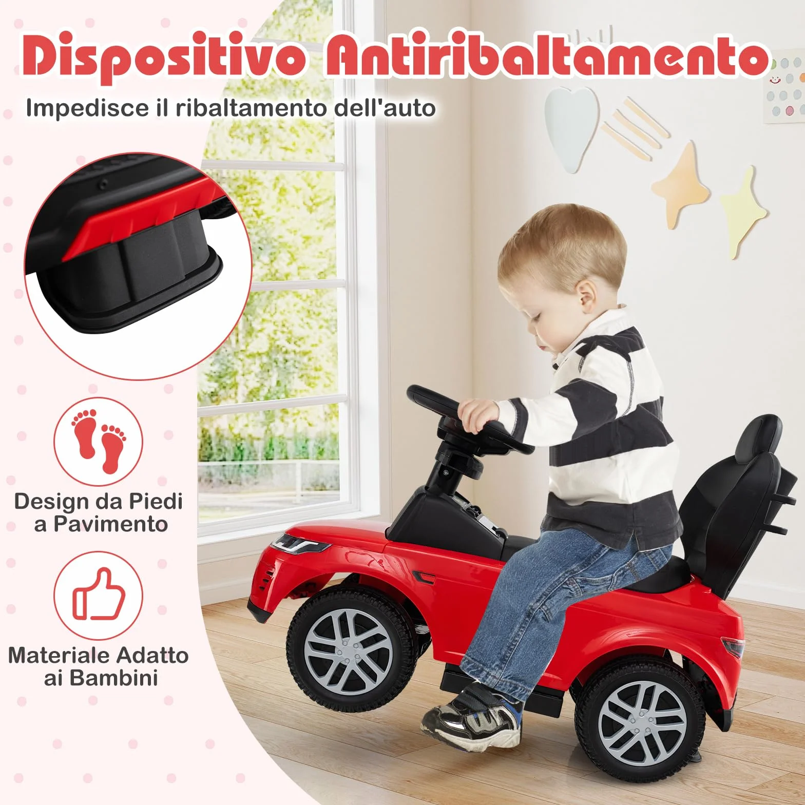 COSTWAY 3 in 1 Auto a Spinta, Macchinina a Pedale con Manico Removibile e Paracolpi, Clacson e Suono di Avvio, per Bambini 18-36 Mesi (Rosso)