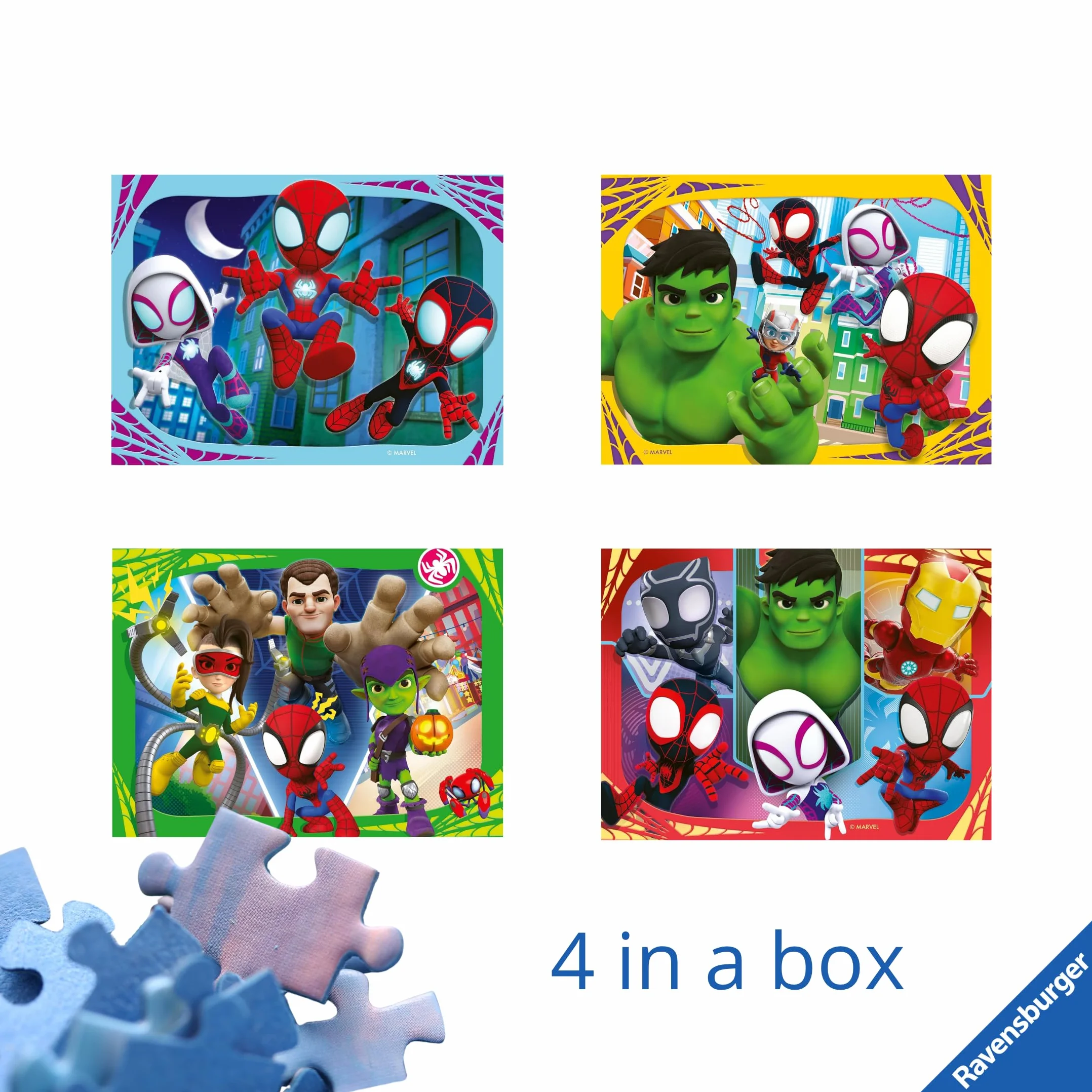 Ravensburger - Puzzle Bambini 3 Anni 4 in a box, Spidey - Puzzle 3 Anni, Collezione Marvel, Include 4 Puzzle 12-16-20-24 Pezzi Progressivi, Giochi Educativi, Idee Regalo