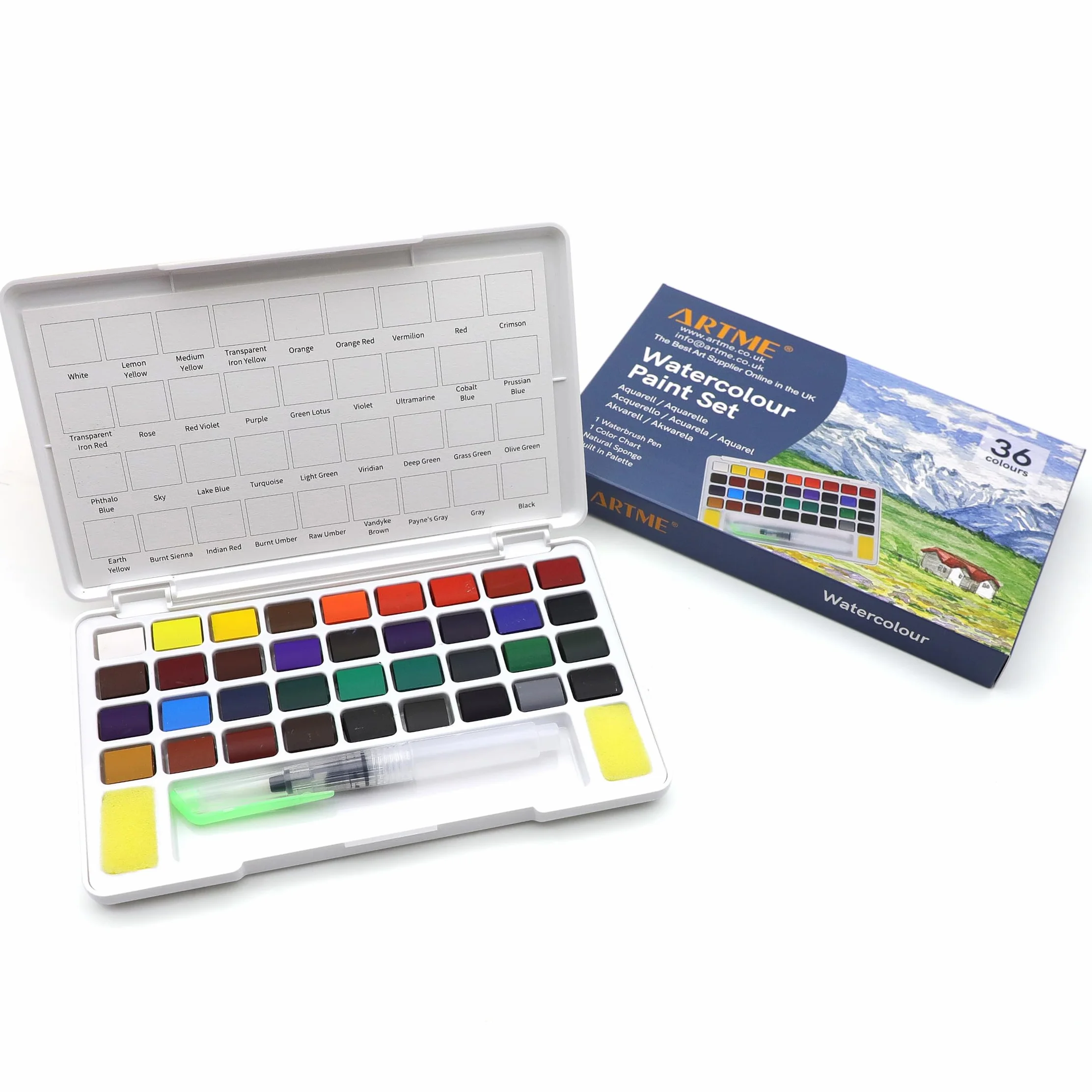 Artme Acquarelli/Set per pittura ad acquerello con cubo in custodia da trasporto con pennello - 36 colori vivaci, fornitura artistica essenziale.