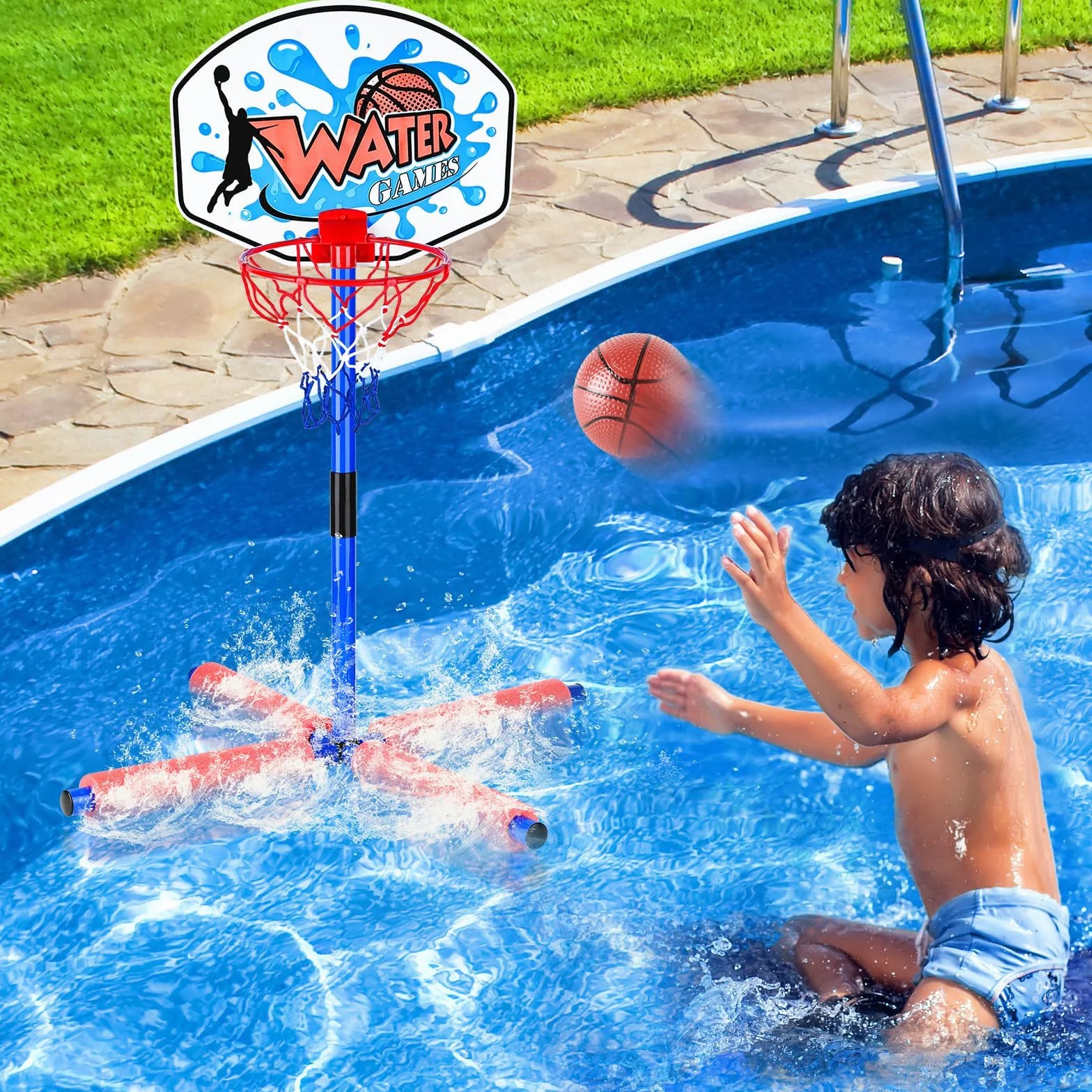 deAO Canestro da Basket Galleggiante per Piscina – Gioco d’Acqua Estivo per Bambini, Set con Palla e Pompa – Utilizzabile Anche Fuori dall’Acqua