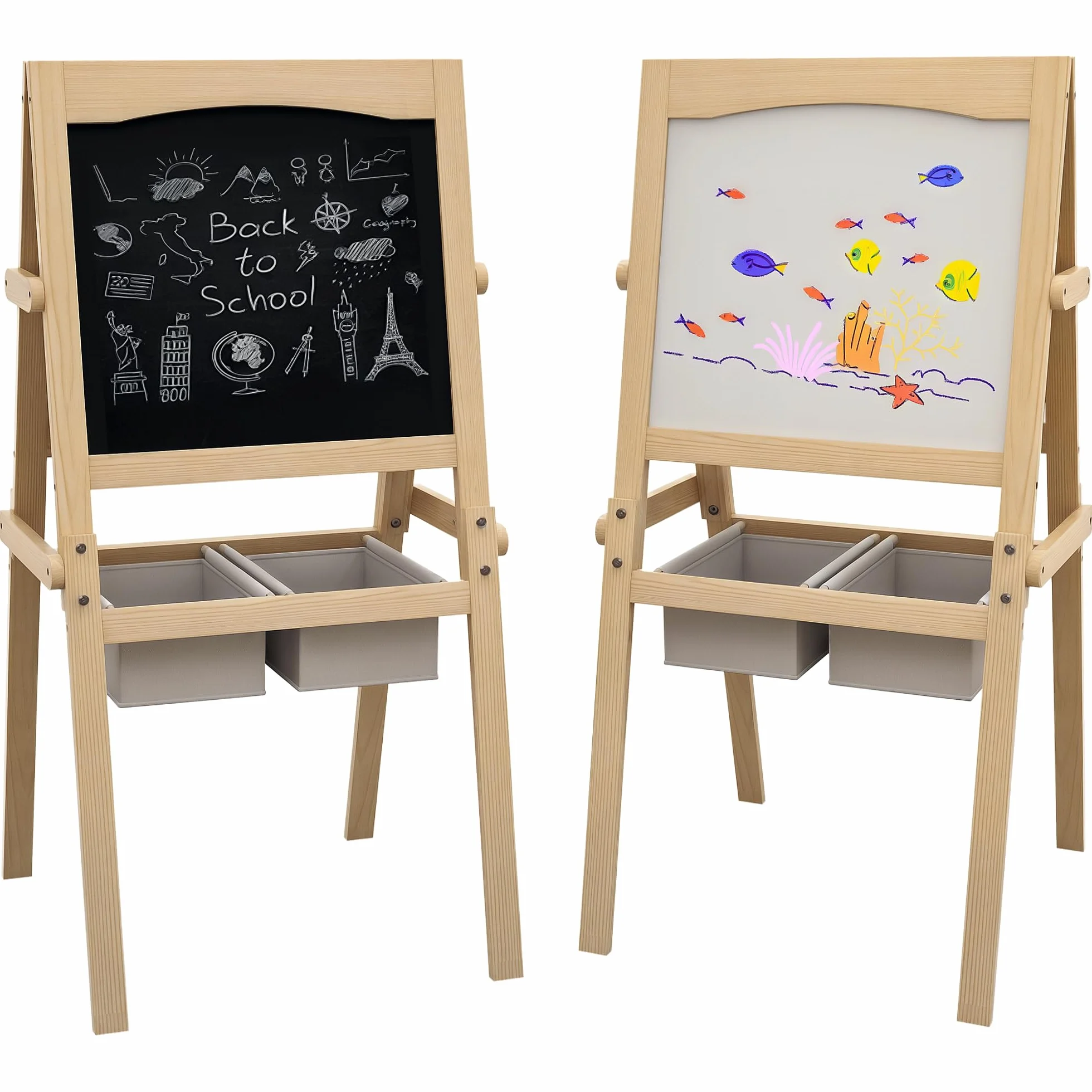 AIYAPLAY Lavagna per Bambini 3 in 1 Multiattività con Due Cestini, Cavalletto Artistico in Legno 58x50.5x109cm
