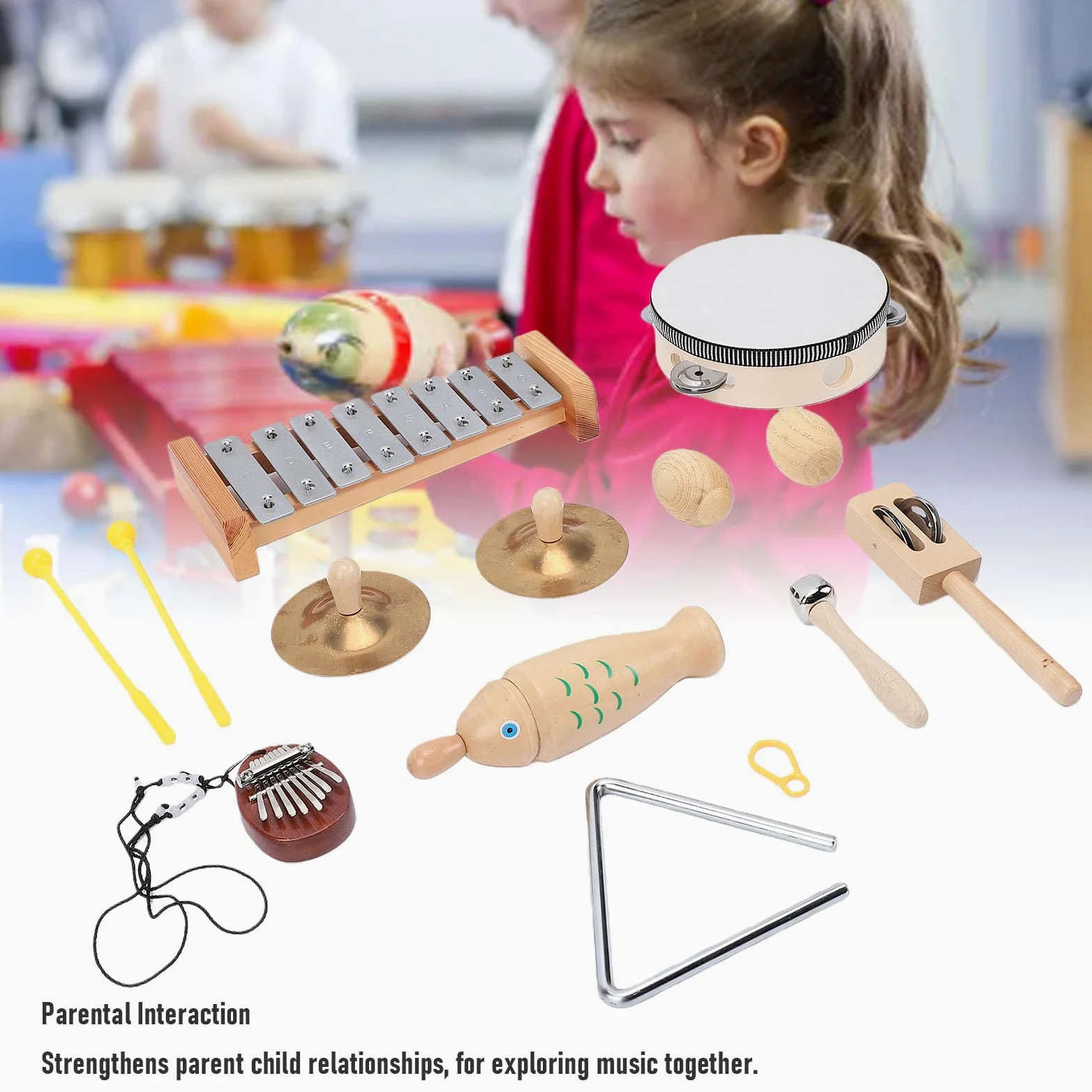 Fafeicy Set di Strumenti a Percussione in Legno, Kit di Strumenti Musicali con Xilofono, Tamburello, Maracas, per L'educazione prescolare.