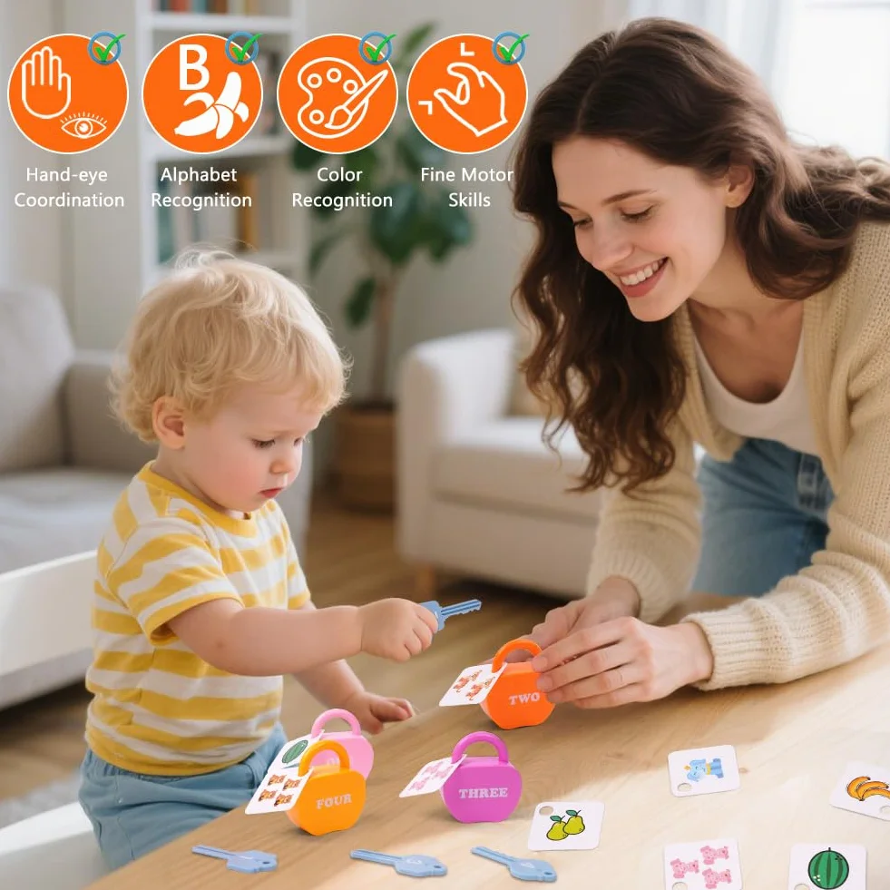 5 Set Serrature e Giocattoli Chiave, Giocattoli con Chiave e Lucchetto, Chiavi Giocattolo Bambini con Lucchetto a Forma di Mela, Chiavi e Tessera, Montessori Set per Lo Sviluppo dai 3+ Anni