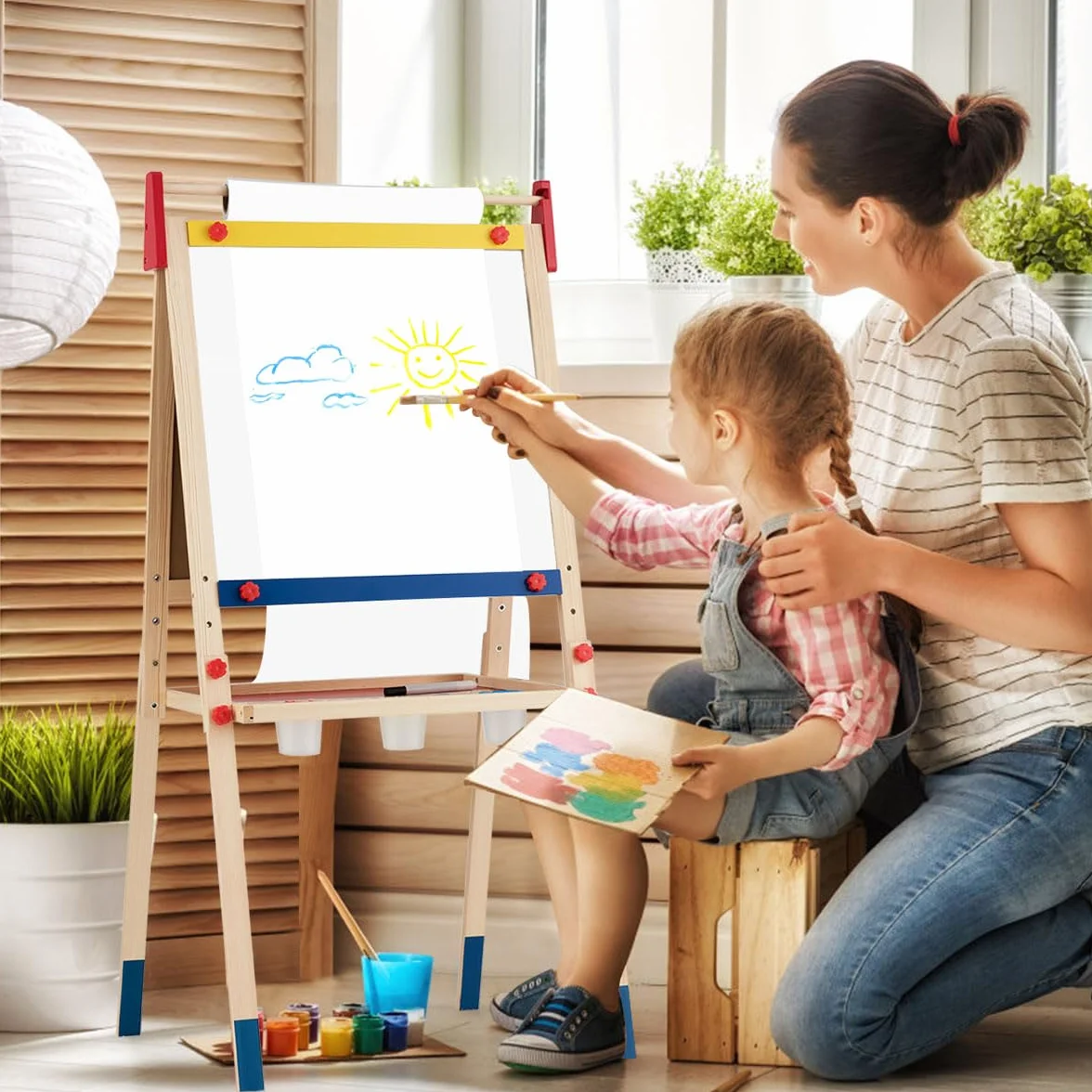 HOMASIS 3 in 1 Lavagna per Bambini con Rotolo di Carta, Cavalletto Pittura Bambini con Lavagna Doppia Faccia, Altezza e Ripiano Regolabile, Struttura in Legno di Pino, 60 x 55 x 112,5-124,5 cm