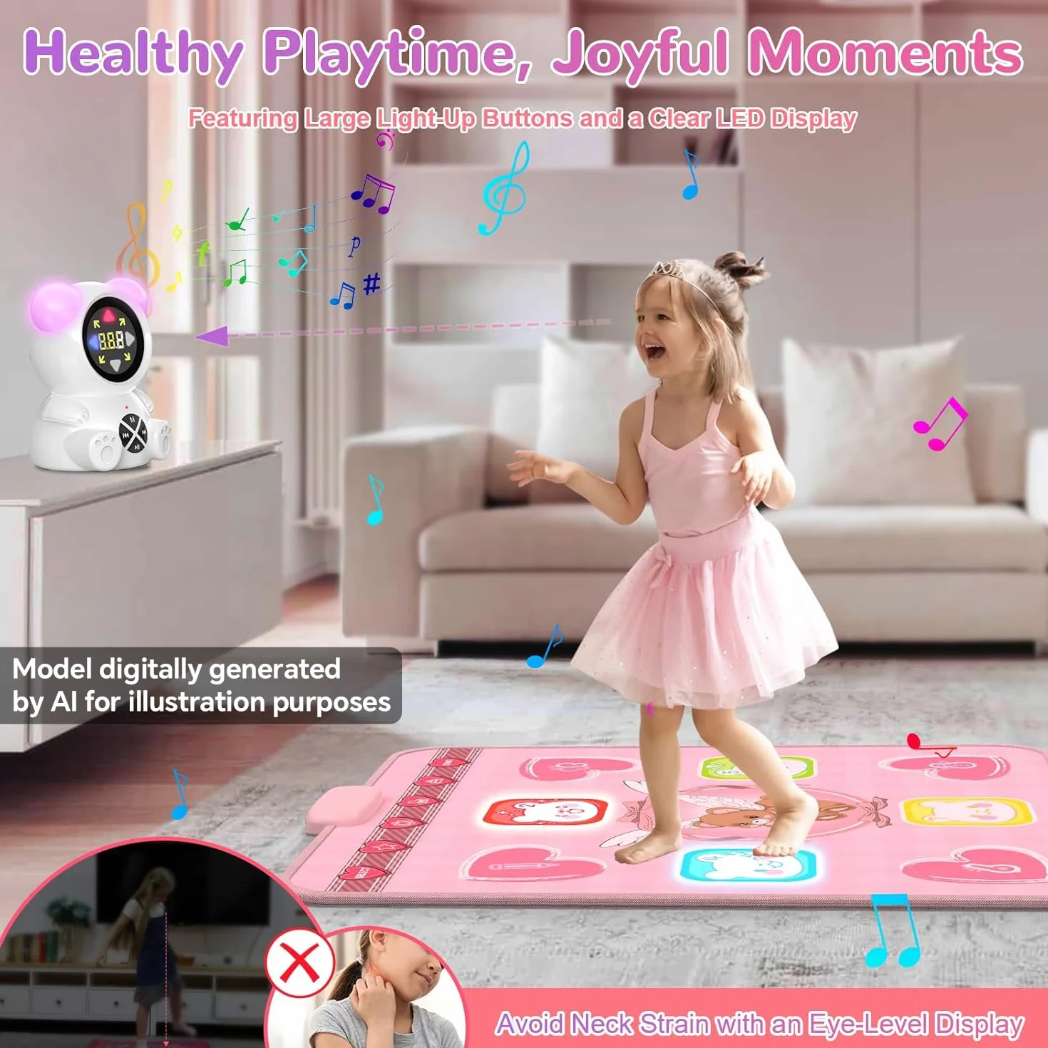 Tappetino da Ballo Ricaricabile con Bluetooth, Luci LED, 5 Modalità di Gioco per Bambine 3-12 Anni Rosa