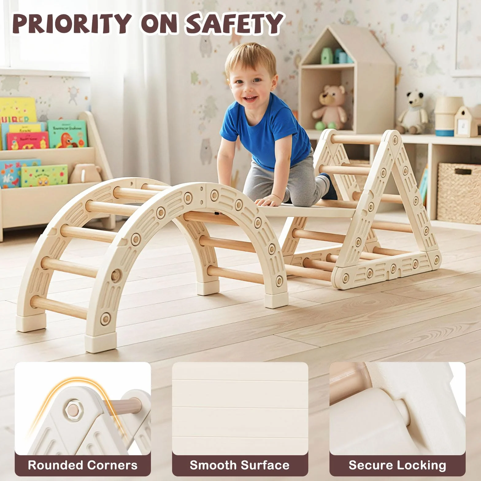 FANTASK Montessori - Set da arrampicata 5 in 1, con scivolo e triangolo in legno, giocattolo da arrampicata con rampa bifacciale, giocattolo per bambini dai 3 ai 6 anni