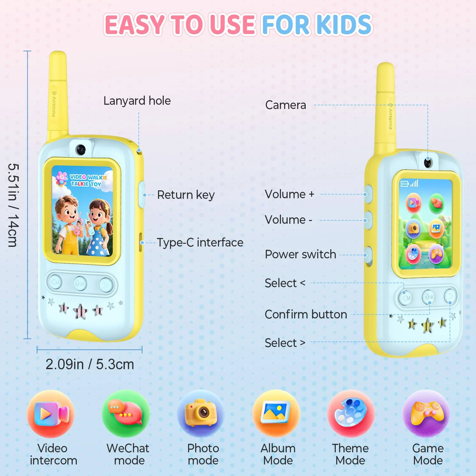 Walkie Talkie Bambini con Videocamera HD e Cambia Voce, Gioco Interattivo, Giallo + Arancione