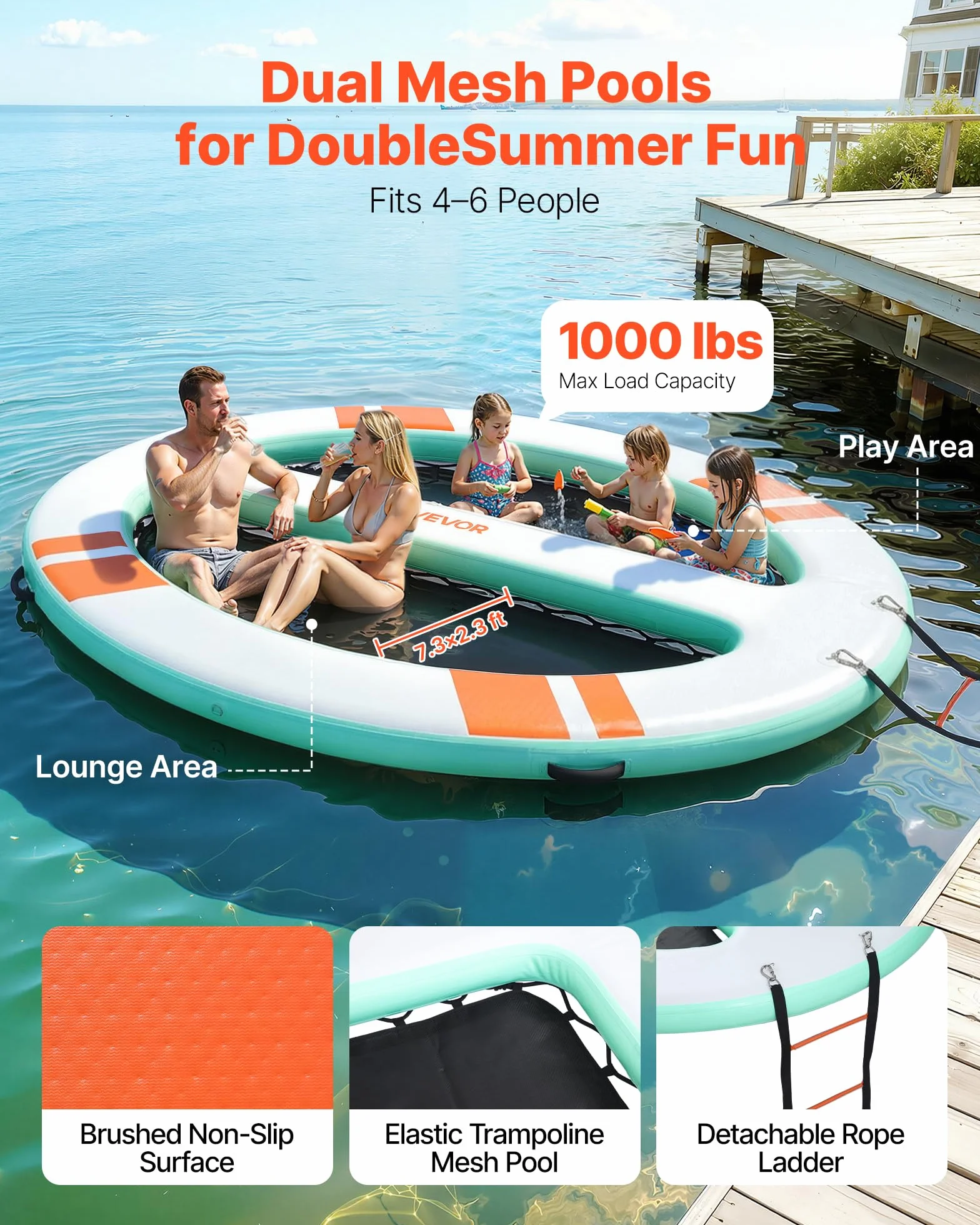 VEVOR Pontile Galleggiante Gonfiabile 3,05 x 2,44 m, Piattaforma Galleggiante per Piscina Spiaggia Mare Feste Sport Acquatici con Tenda Scala Borsa da Trasporto Portatile Scaletta Rimovibile, Blu