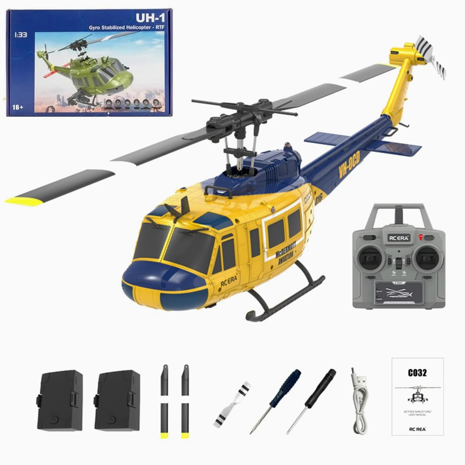 Elicottero RC per Adulti, UH-1 6CH Elicottero Militare in Scala RC con stabilizzazione giroscopica a 2 batterie, decollo/atterraggio con Un Solo Tasto, Regalo rotolante 3D(Yellow)