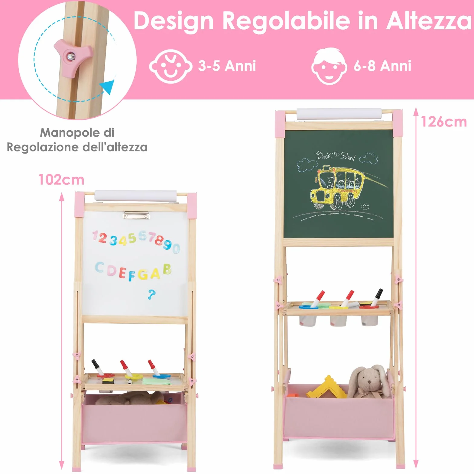 COSTWAY Cavalletto per Bambini Regolabile in Altezza in Legno, Cavalletto a Doppio Lato con Lavagna Magnetica e Bianca, con Scatola, Magneti con Lettere e Numeri, per Bambini 3-8 Anni (Rosa)