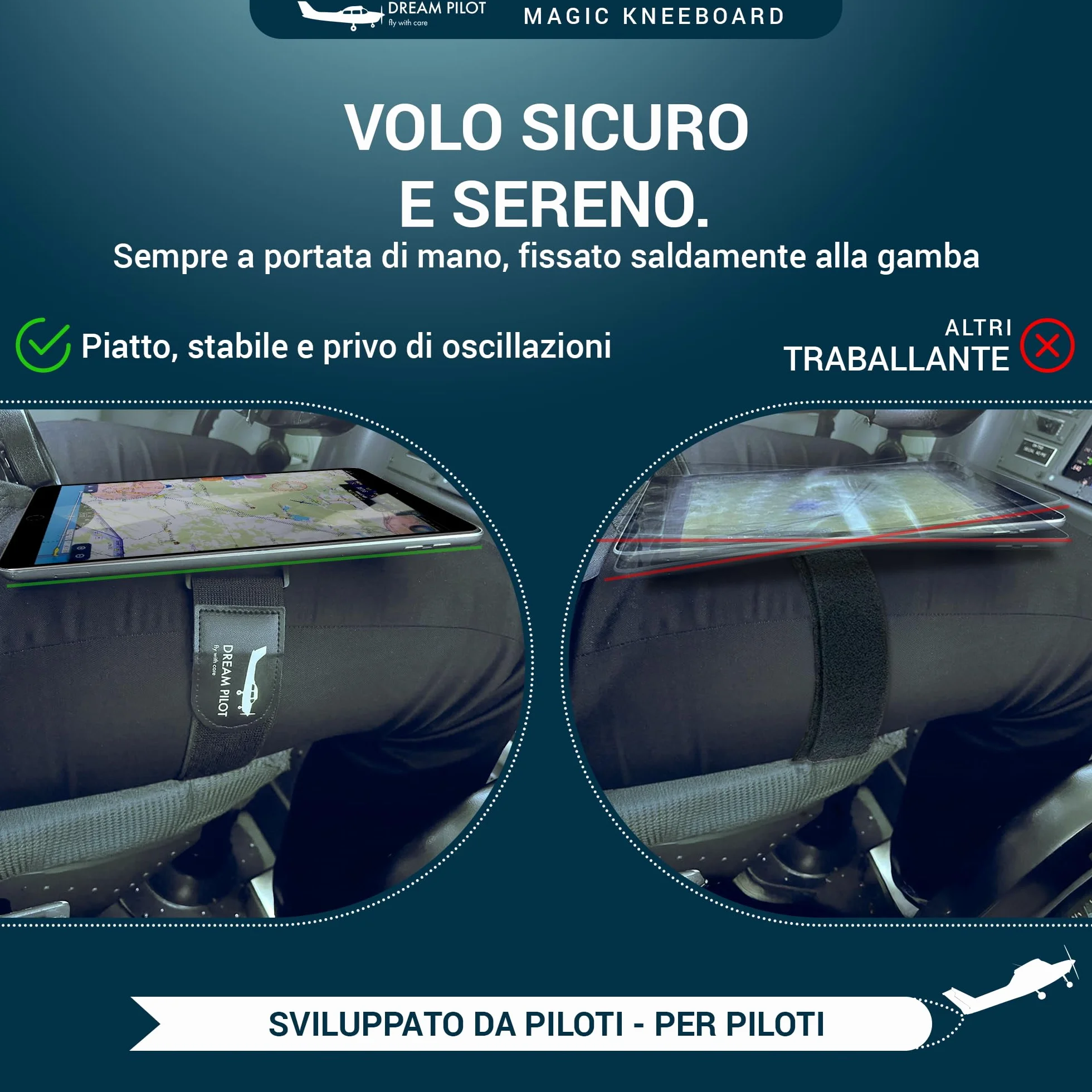 Dream Pilot Kneeboard per iPad, iPad mini, iPhone, qualsiasi smartphone Android, qualsiasi tablet, soluzione universale - sottile, stabile, design certificato MIL-STD 810G