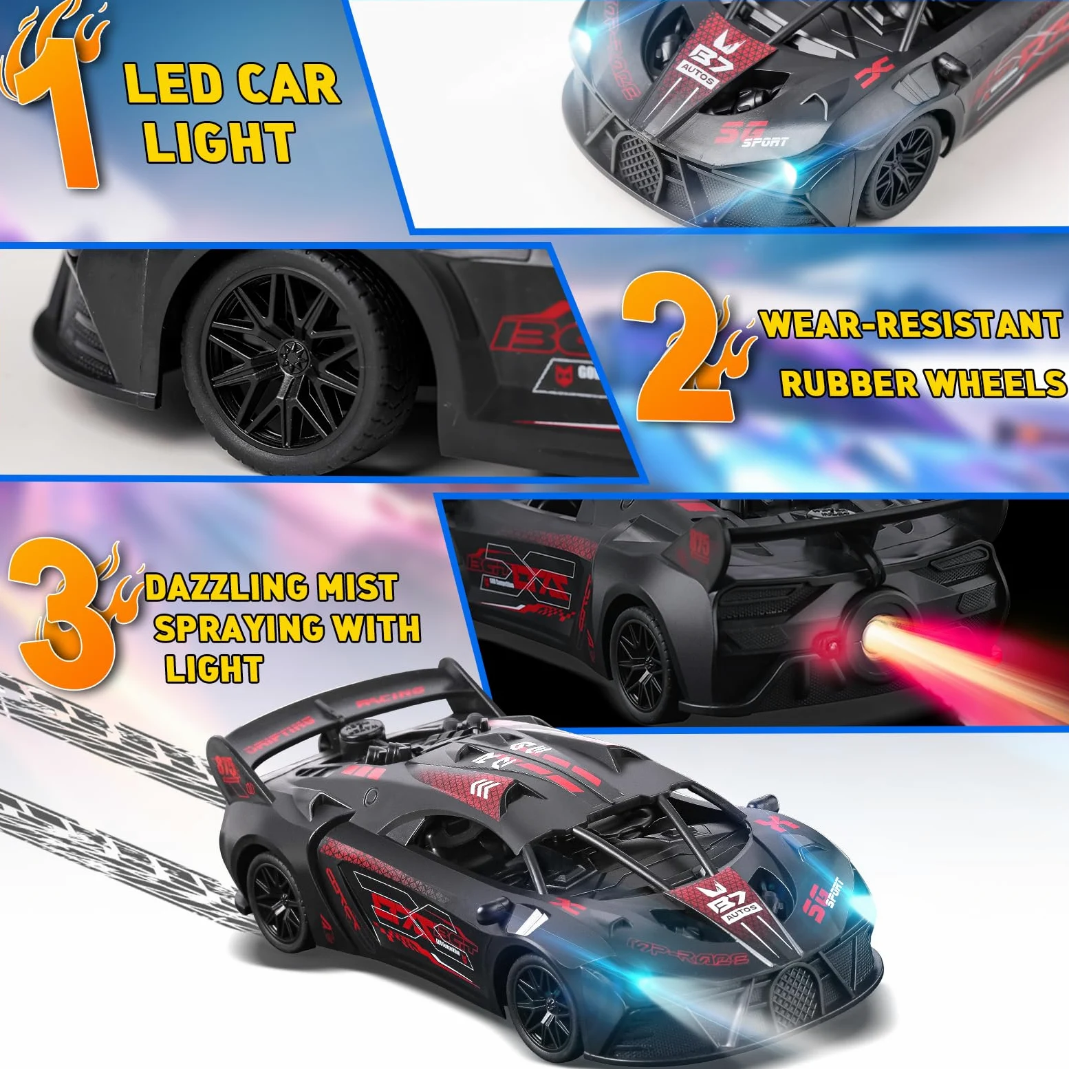 Bugetti Macchina Telecomandata per Bambini 3-12 anni Modellino RC Car, 1:18 Auto Telecomandata Bambino con Spray, Batteria Ricaricabile, Luce LED, Natale Compleanno Regalo per Ragazzi, Rosso