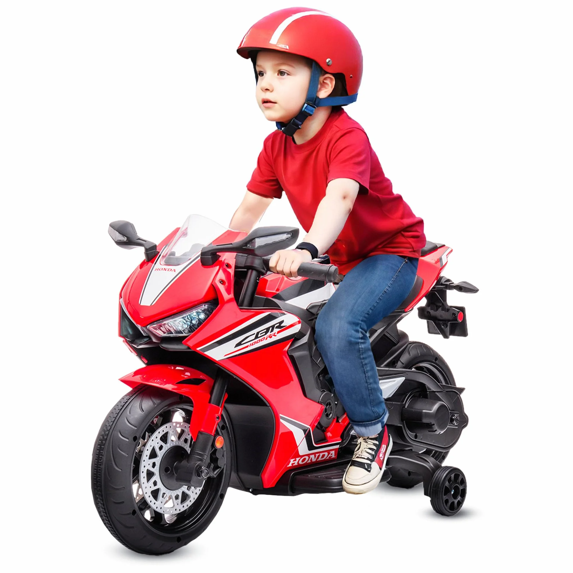BabyCar Moto Elettrica Bambini Honda CBR 12V | Moto Elettrica Bambini 3-5 Anni con Luci, Suoni e Rotelle Stabilizzatrici | Batteria 12V 3,5Ah, Motore 30W e Acceleratore a Pedale | Rosso