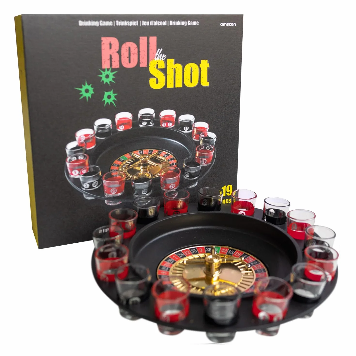 Amscan - Gioco da bere Drinking Roulette, 16 bicchieri, 2 palline, gioco d'azzardo, giochi da bere, party game
