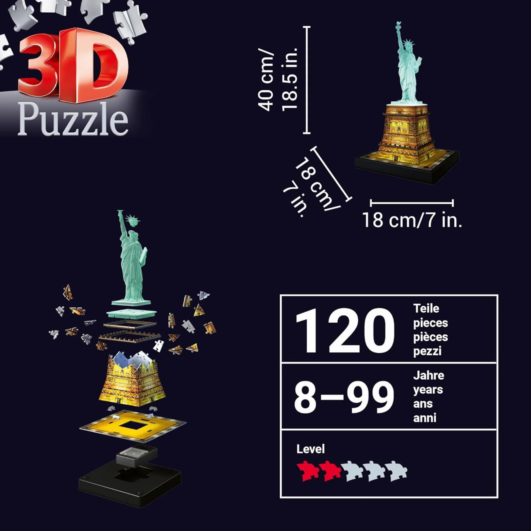 Ravensburger - Puzzle 3d Statua Della Libertà LED | Puzzle 3d Per Adulti E Bambini A Partire Dagli 8 Anni | Modellismo Da Costruire Adulti Di 120 Pezzi | Regalo Bambino 8 Anni E Più