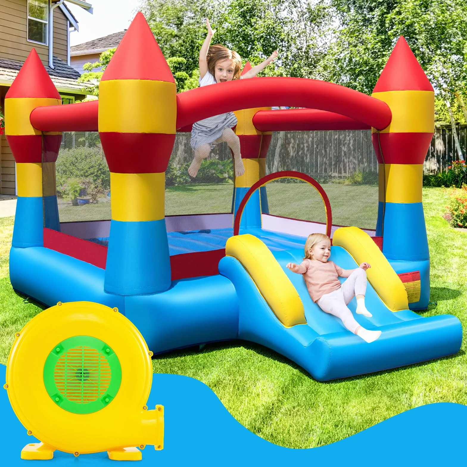 COSTWAY Ventilatore di Aria del Castello Gonfiabile, Soffiatore per Giochi Gonfiabili con Cavo di Alimentazione, Picchetti da Terreno, per Castello Gonfiabile, Scivolo Acquatico 450W