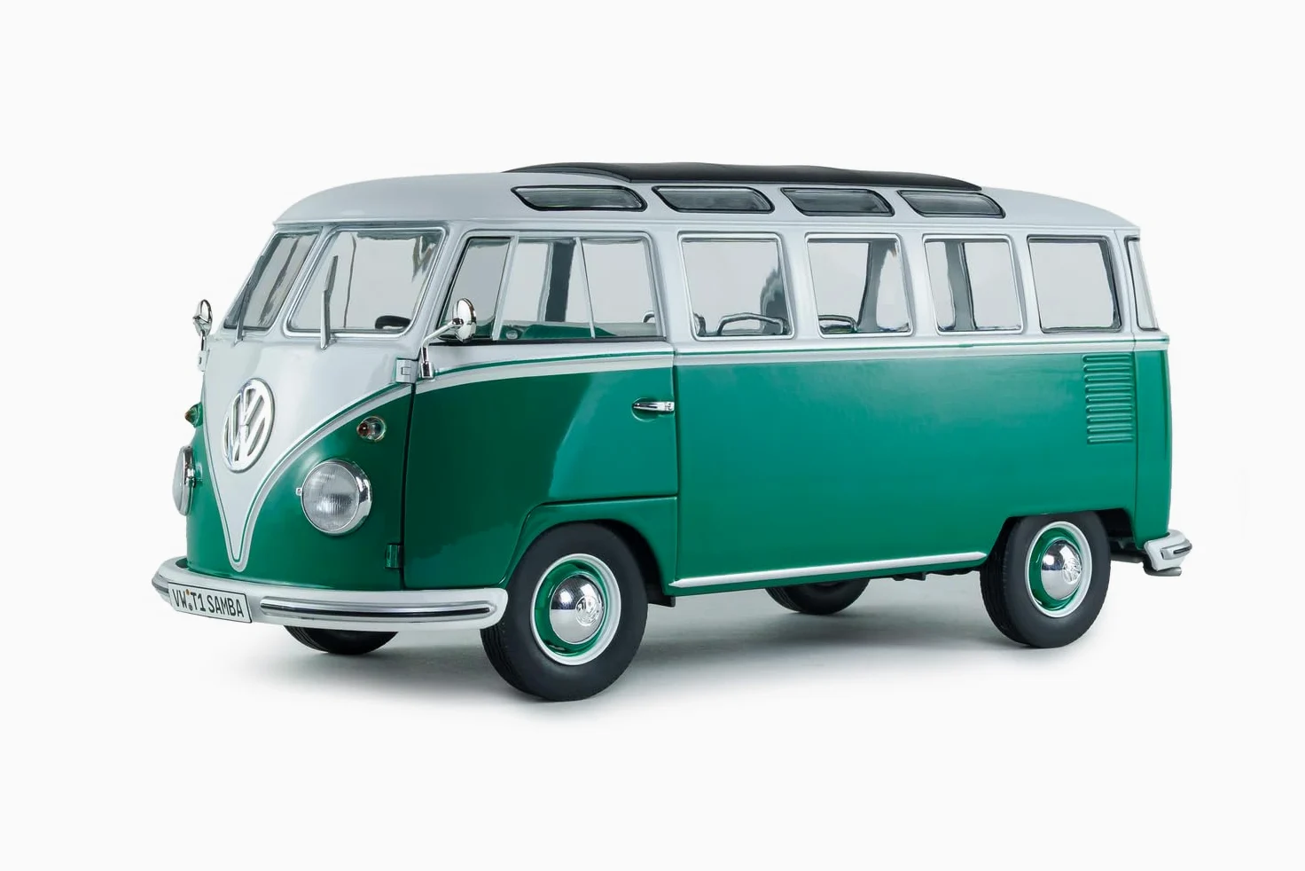 Solido - VW T1 Samba 1962 1:18 - Modellino di auto pressofuso, modello da collezione in metallo, verde/bianco, con base in plastica, scatola con finestra