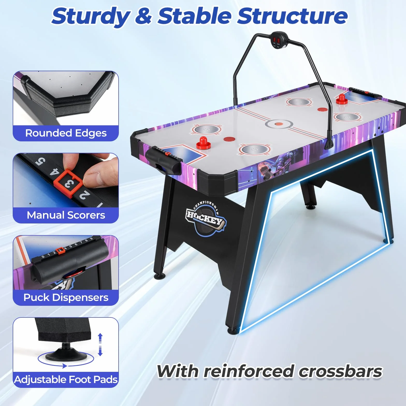 HOMASIS Tavolo da Gioco di Air Hockey con Tabellone Segnapunti LED, 2 Aste e Dischetti, Pedali Regolabili, Tavolo da Hockey per Famiglia, Bar, Casa, Ufficio, per Bambini e Adulti