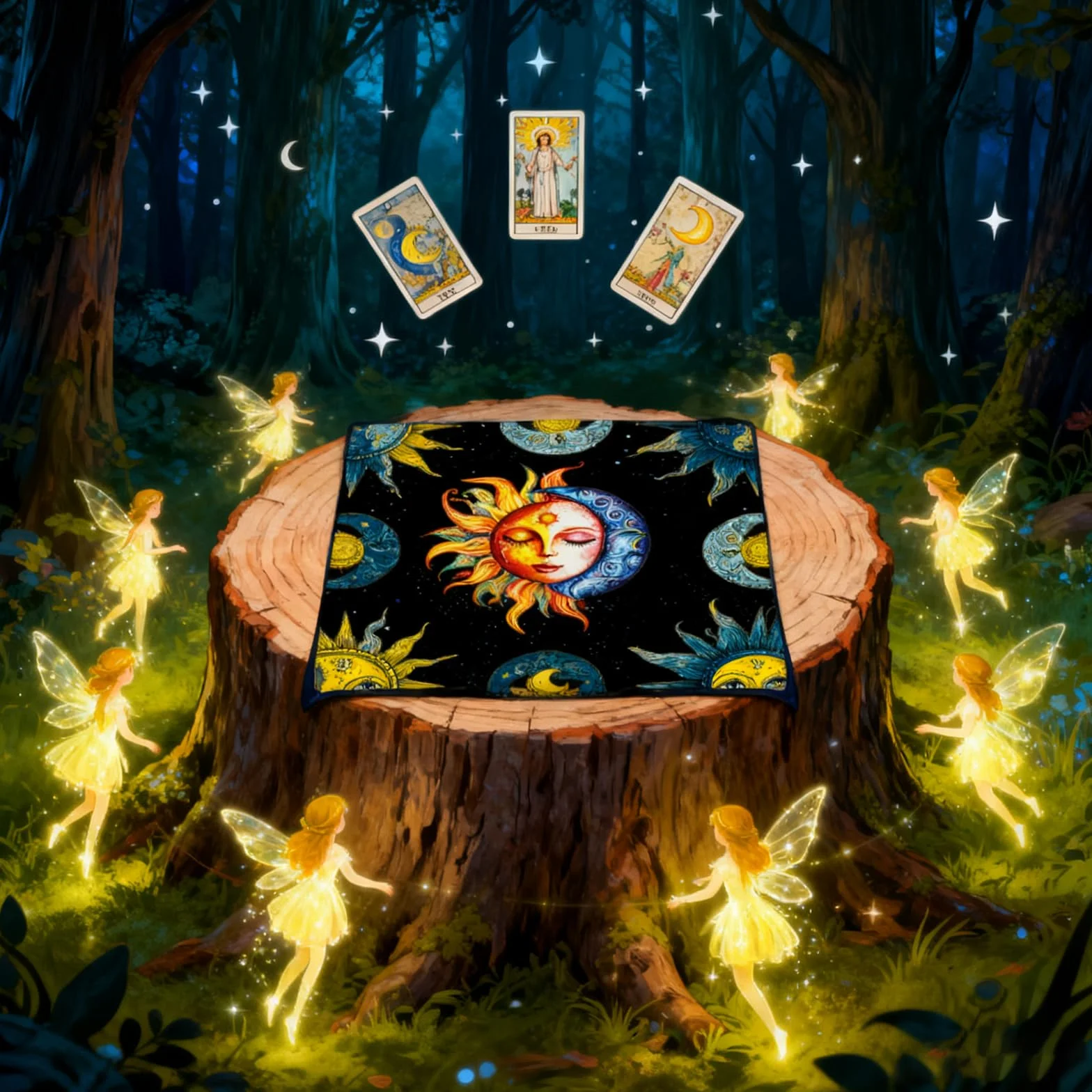 Mantello per Carte dei Tarocchi Nero con Simboli della Luna e del Sole, Tappetino da Lettura per Divinazione