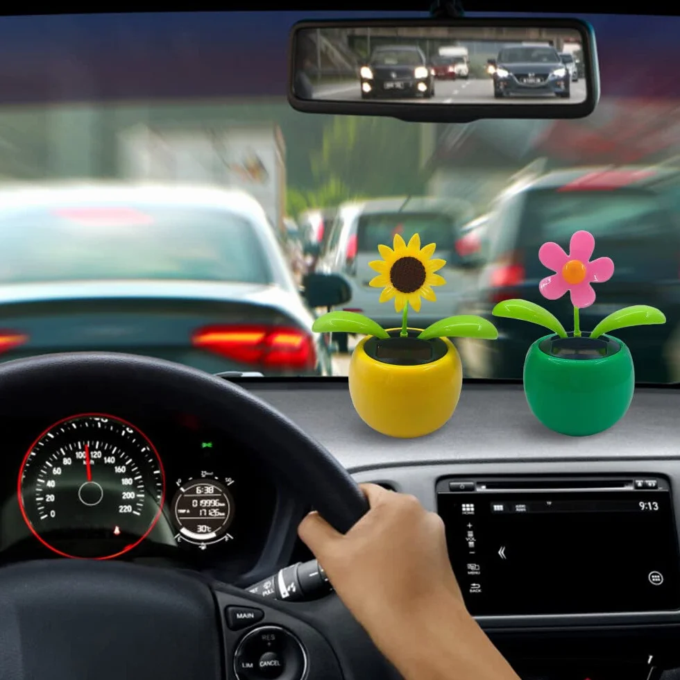 Fiore Danzante Solare Ornamenti per Auto Giocattolo Alimentato a Energia Solare Decorazione Scrivania 2 Pezzi