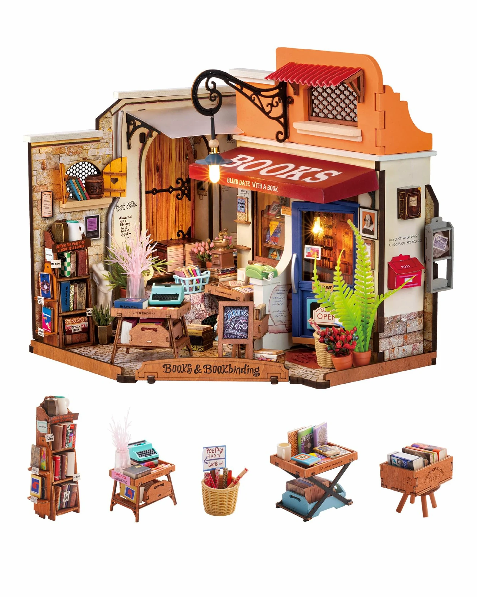 Rolife Casa delle Bambole Libreria ad Angolo con Luci LED Kit Casa in Miniatura Fai da Te Casa delle Bambole Kit con Mobili Modello in Legno 3D Puzzle Regalo di Natale per Bambini e Adulti