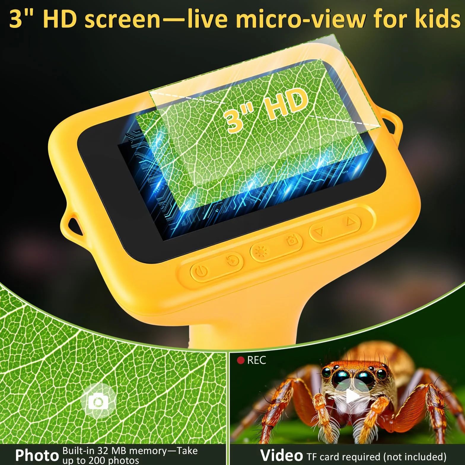 Microscopio per bambini: microscopio digitale con schermo IPS da 3", ingrandimento 1000x, microscopio portatile 1080P con 8 LED e 32 MB di memoria, microscopio tascabile USB per PC/Mac
