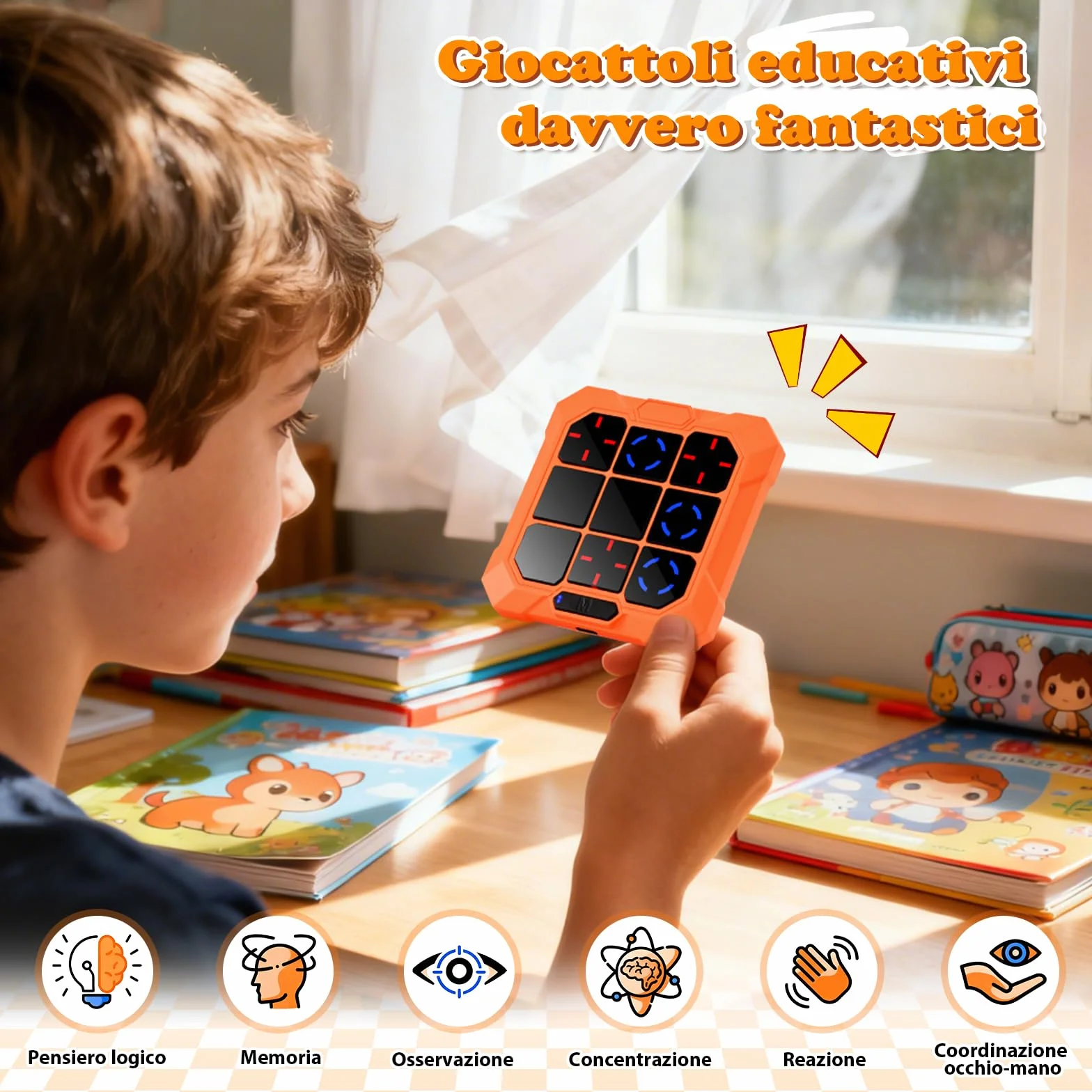 BlueSwan Gioco Tris Elettronico 6 in 1, Console Portatile Ricaricabile con Modalità Silenziosa, Giochi Bambini Viaggio Educativi per Sviluppare Logica e Memoria, per Bambini e Adulti 3+
