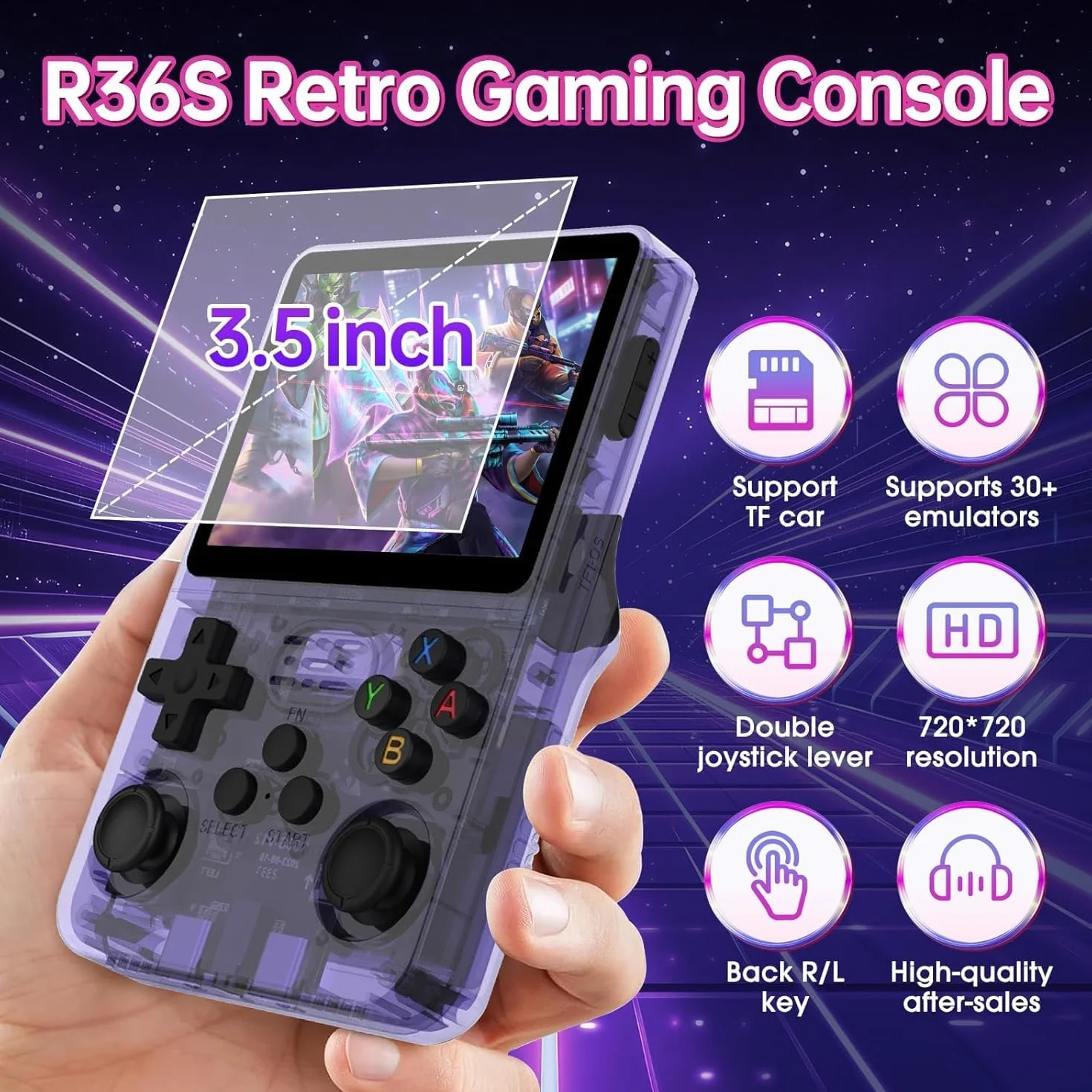 Console di gioco portatile retrò R36S, console di gioco retrò con schermo IPS da 4,0", oltre 30 emulatori tradizionali, oltre 22.000 giochi classici, scheda SD 128 GB, batteria da 4000 mAh - Viola