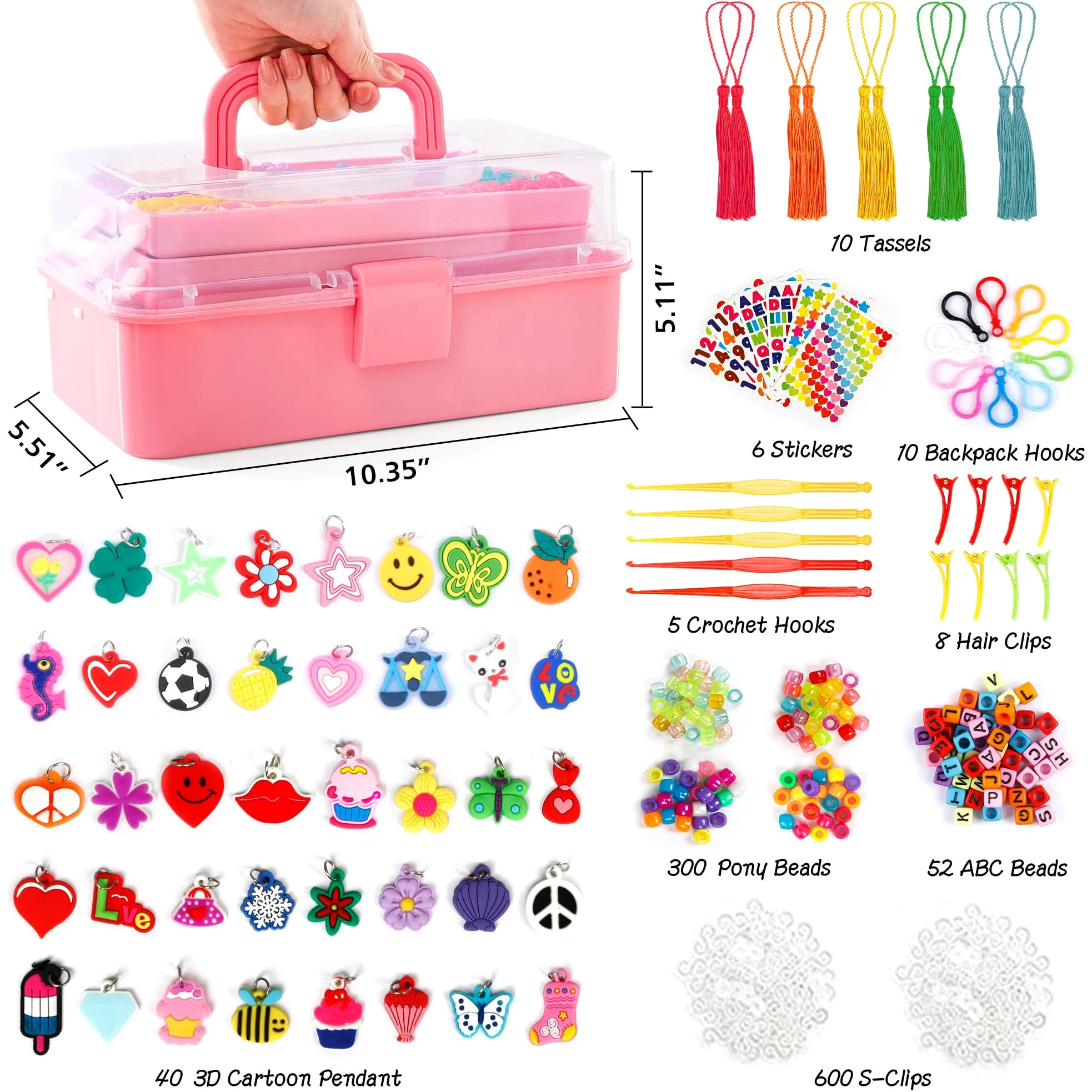 INSCRAFT 17500+ elastici in gomma con contenitore rosa a 3 strati, 28 colori, 600 clip a S, 352 perline, 40 ciondoli a forma di cartone animato, kit di ricarica per braccialetti per bambini