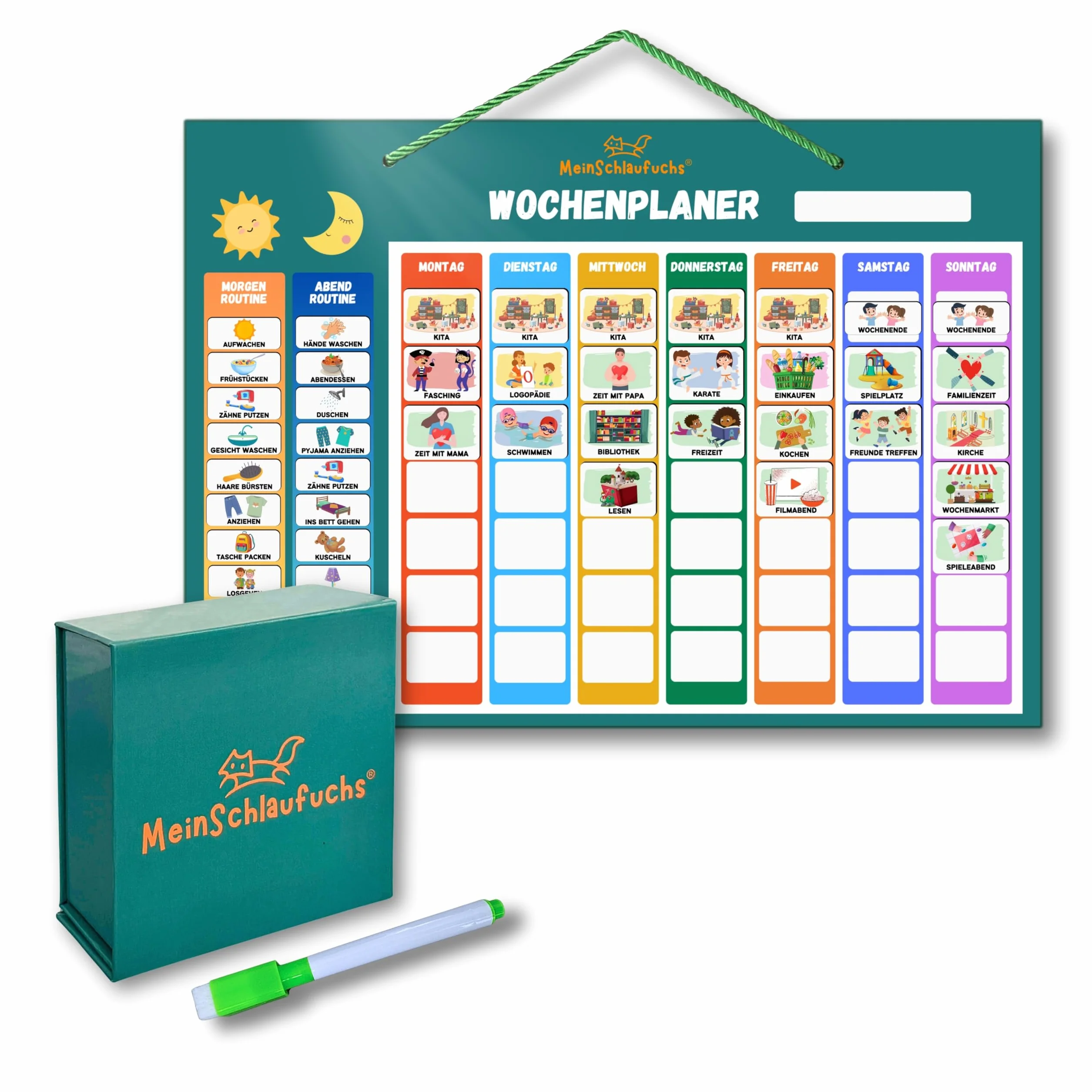 Montessori, agenda settimanale per bambini, lavagna magnetica con 250 magneti, scatola portaoggetti, cordoncino e penna, scrivibile e lavabile, agenda di routine per bambini (verde)
