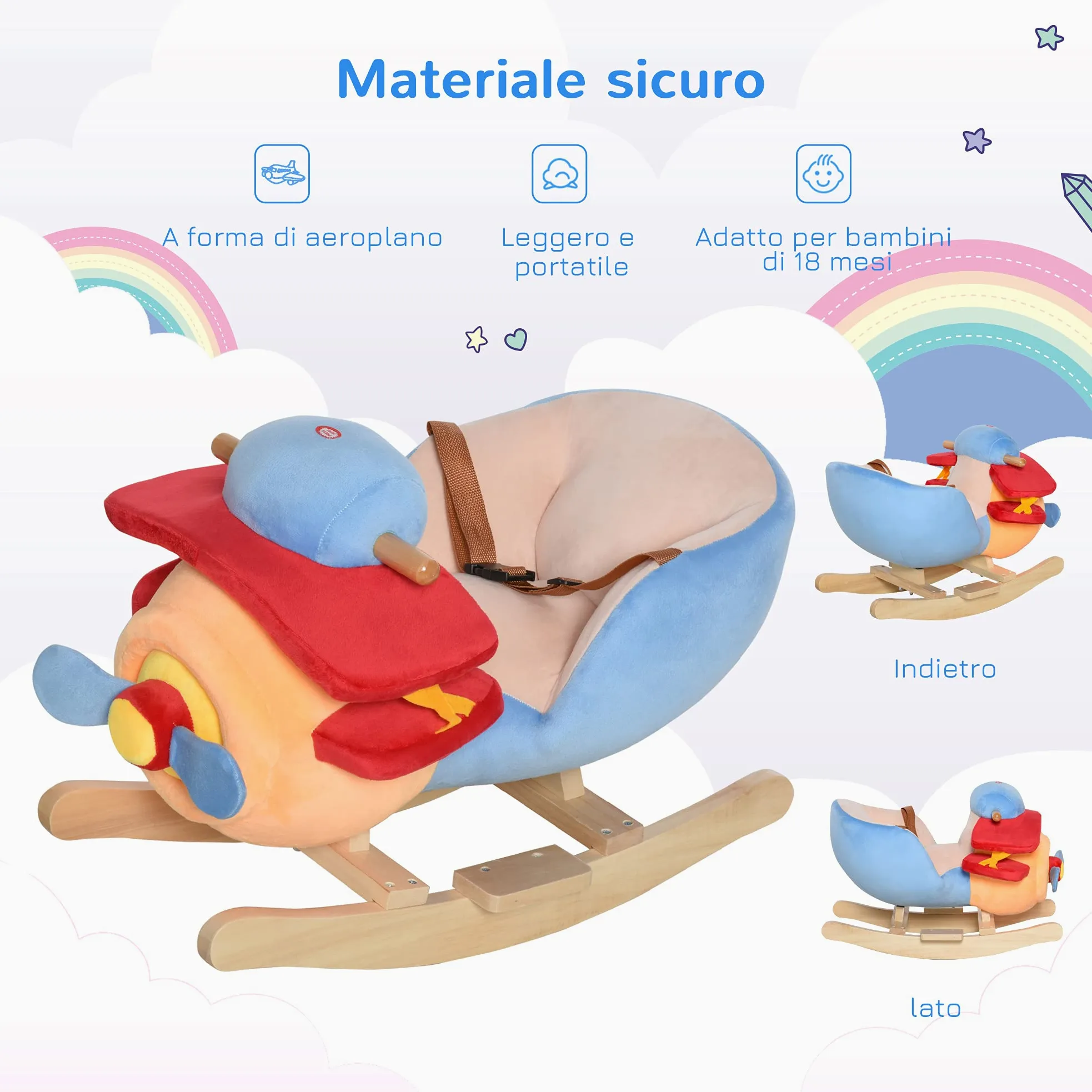 HOMCOM Cavallo a Dondolo a Forma di Aeroplano per Bambini 60x33x45cm | Età Superiore a 18 Mesi, Cacalluccio a Dondolo, Musica Incorporata, Legno Alamo, Max:60kg