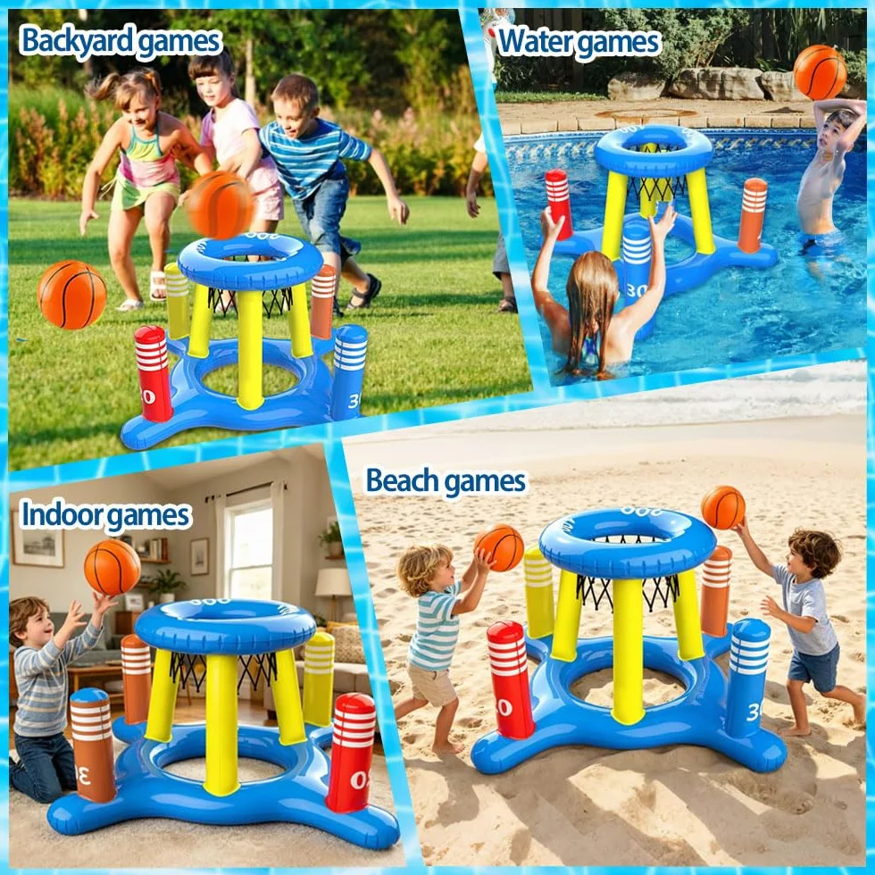 Canestro gonfiabile per piscina con gioco di lancio ad anelli, set galleggiante gonfiabile, giocattolo acquatico, cestino da basket galleggiante con 2 palline e 8 anelli di lancio, gioco in