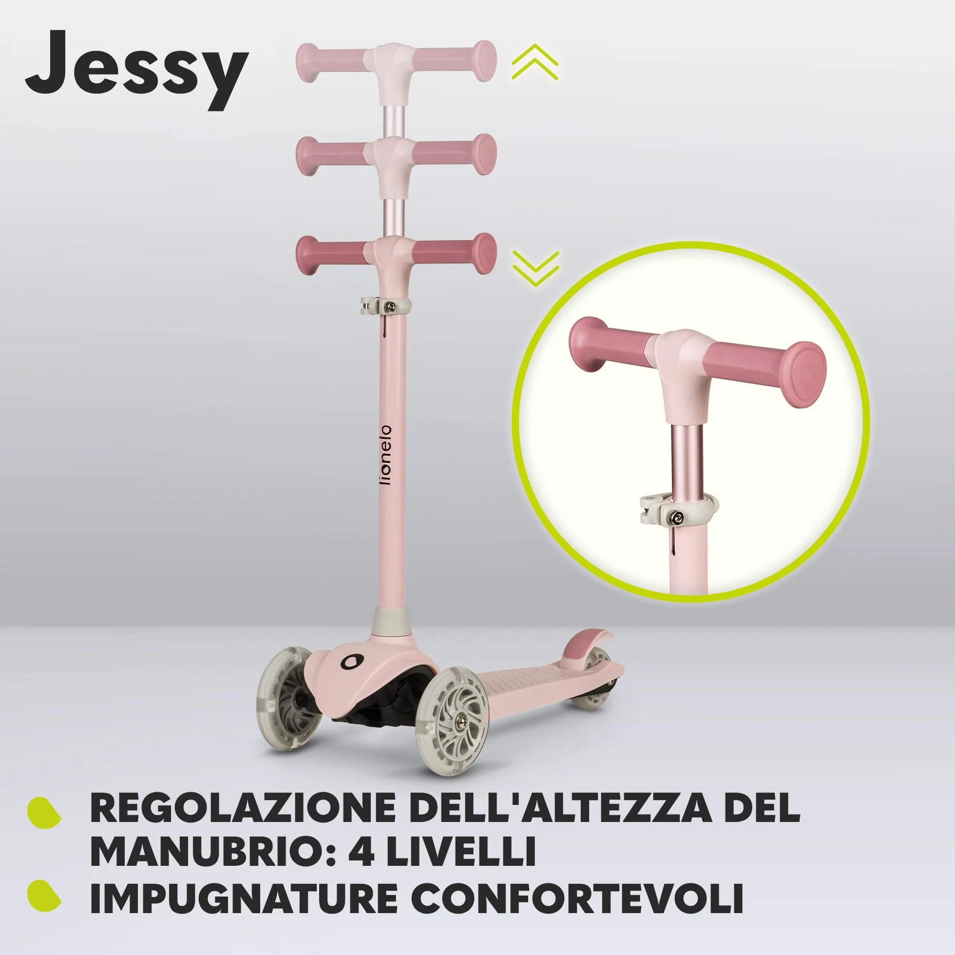 Lionelo Jessy Monopattino Evolutivo per Bambini 3+ 50kg Scooter con Ruote LED Pedana Antiscivolo Freno Acciaio Regolabile 4 Altezze Leggero 2.3kg