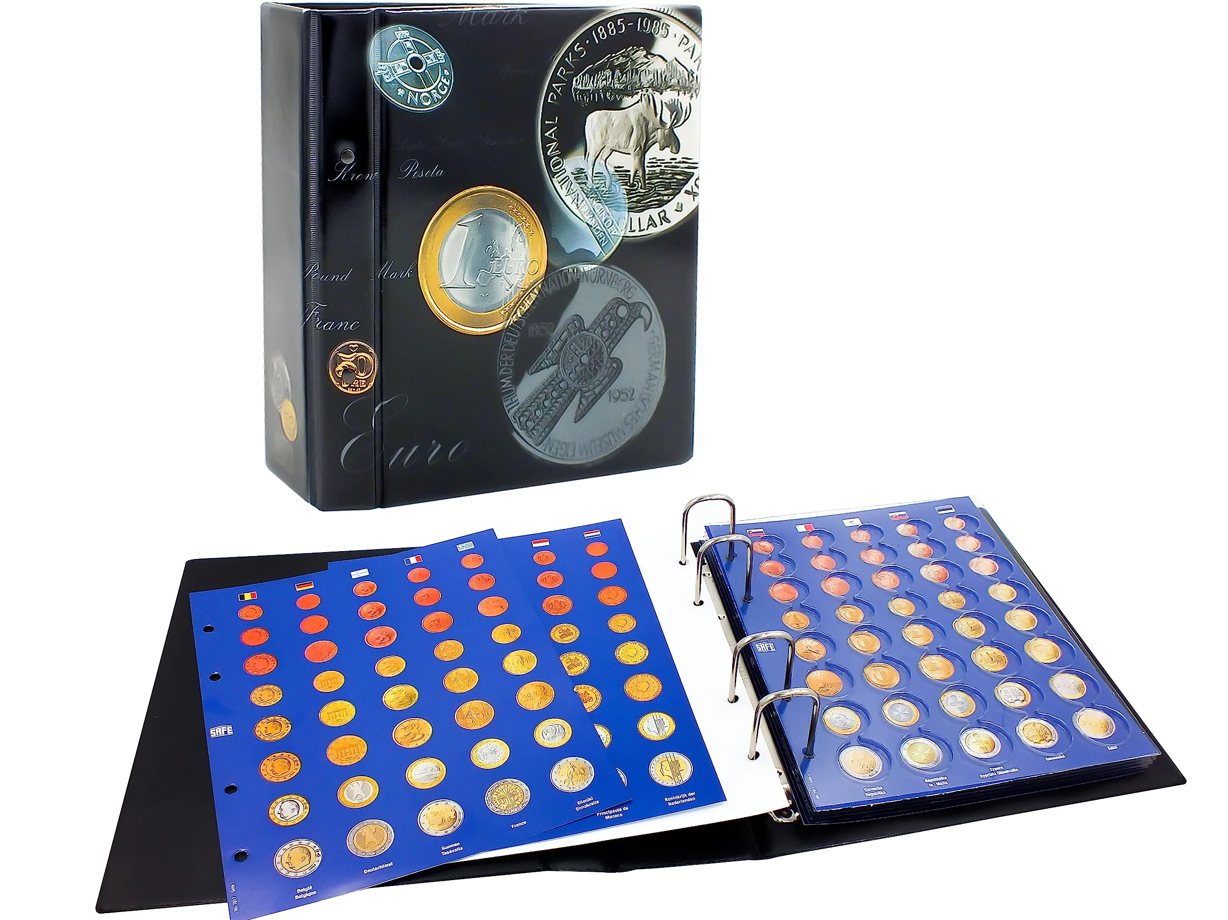 SAFE 7817 Album completo per monete euro da 1 cent a 2 euro – con 5 fogli trasparenti + 5 schede illustrate – Sistema a 4 anelli – Per collezionisti