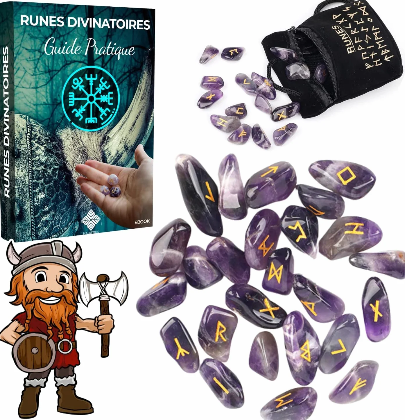 Set x25 Pietre Rune Celtiche Vichinghe Ametista Incise 2 cm x 1 cm Alfabeto Futhark per Divinazione