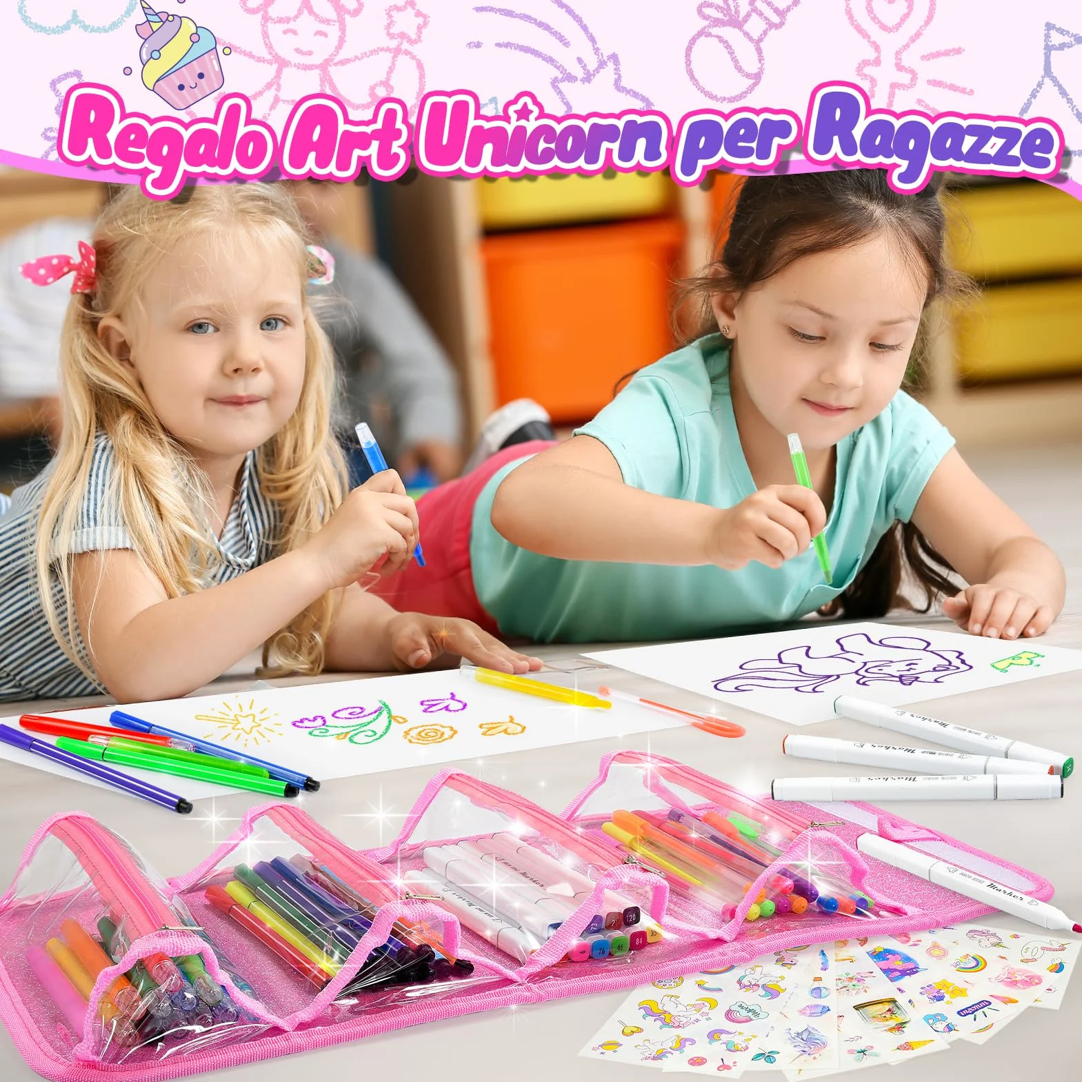 HappyGoLucky Valigetta Colori per Bambini Kit Disegno Acquerelli Pastelli Pennarello Impermeabile Rosa