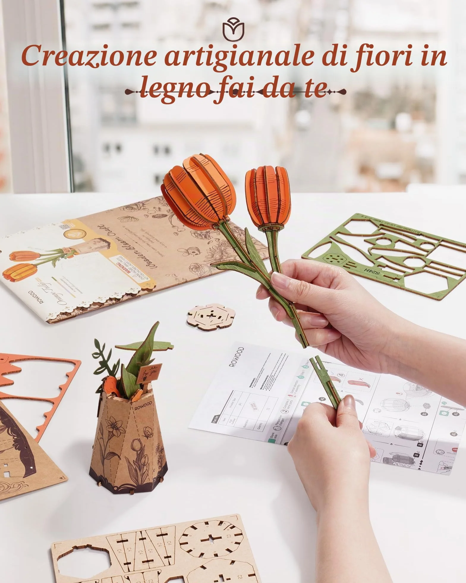 ROWOOD Puzzle in 3D con motivo tulipano, fiore fai da te in legno, kit di modellismo per fiori artificiali, da assemblare, per adulti, splendida decorazione per la casa e regalo per San Valentino