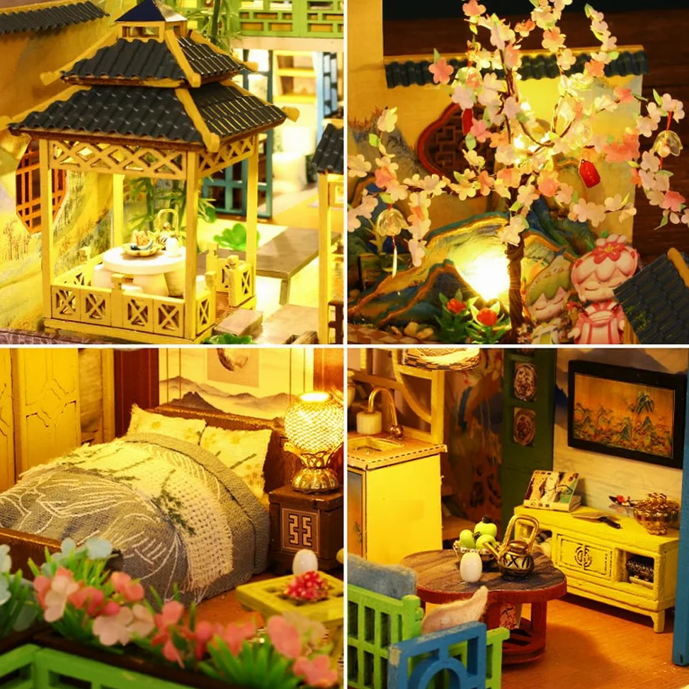 Casa delle bambole in miniatura in stile cinese a tre piani, mobili in legno, kit fai da te per casa delle bambole con LED per stanza creativa, regalo per adulti e bambini